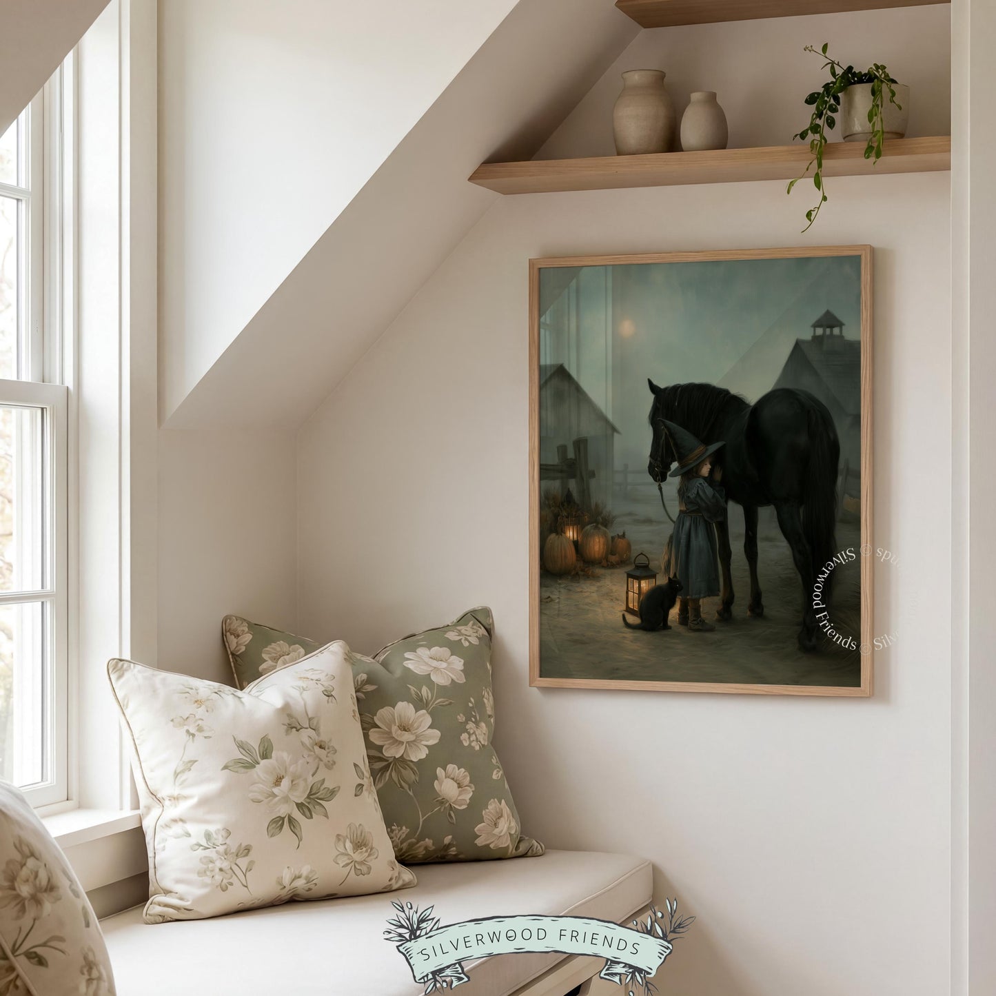 Black horse companion witch digital download — haunting Halloween printable with soft, painterly misty tones