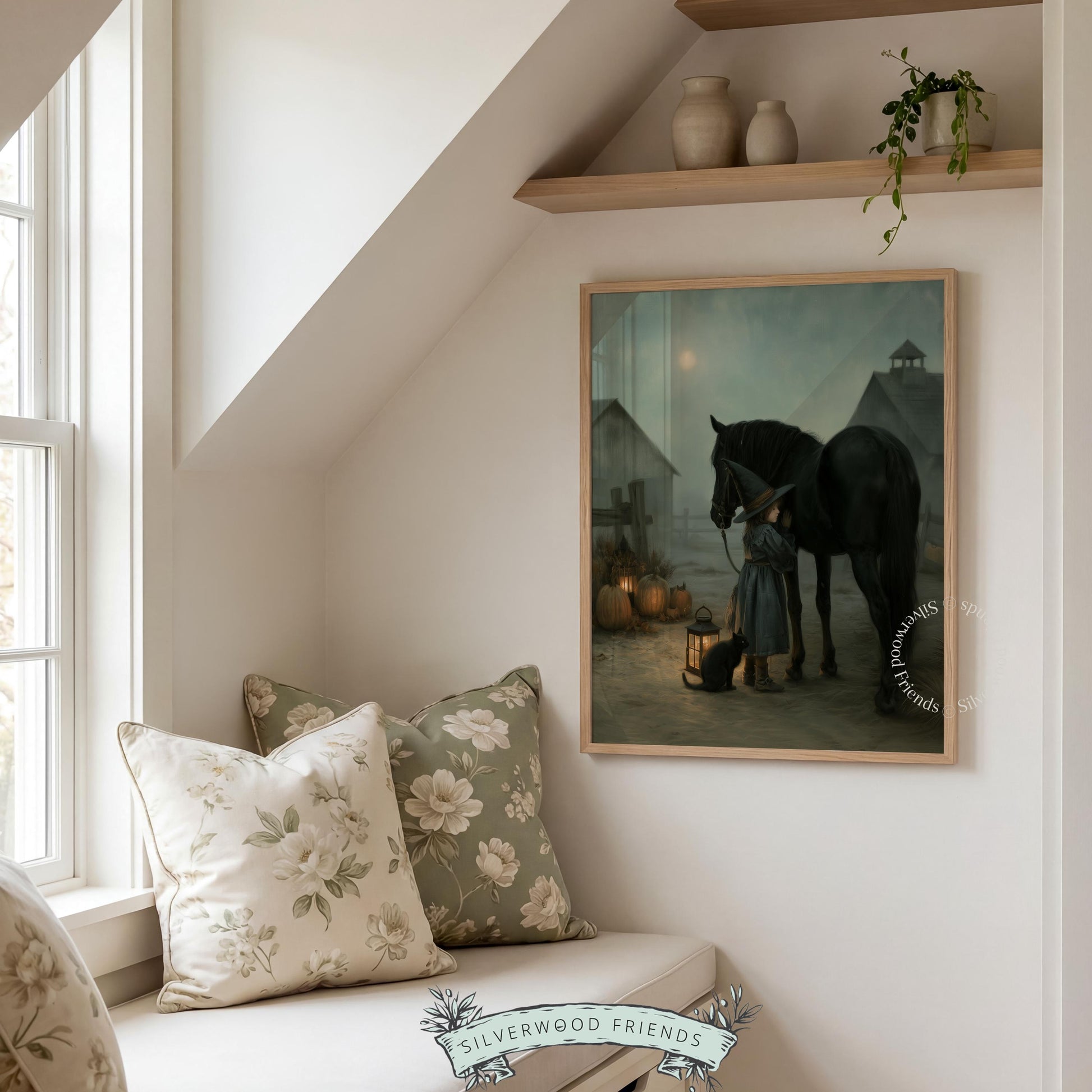 Black horse companion witch digital download — haunting Halloween printable with soft, painterly misty tones