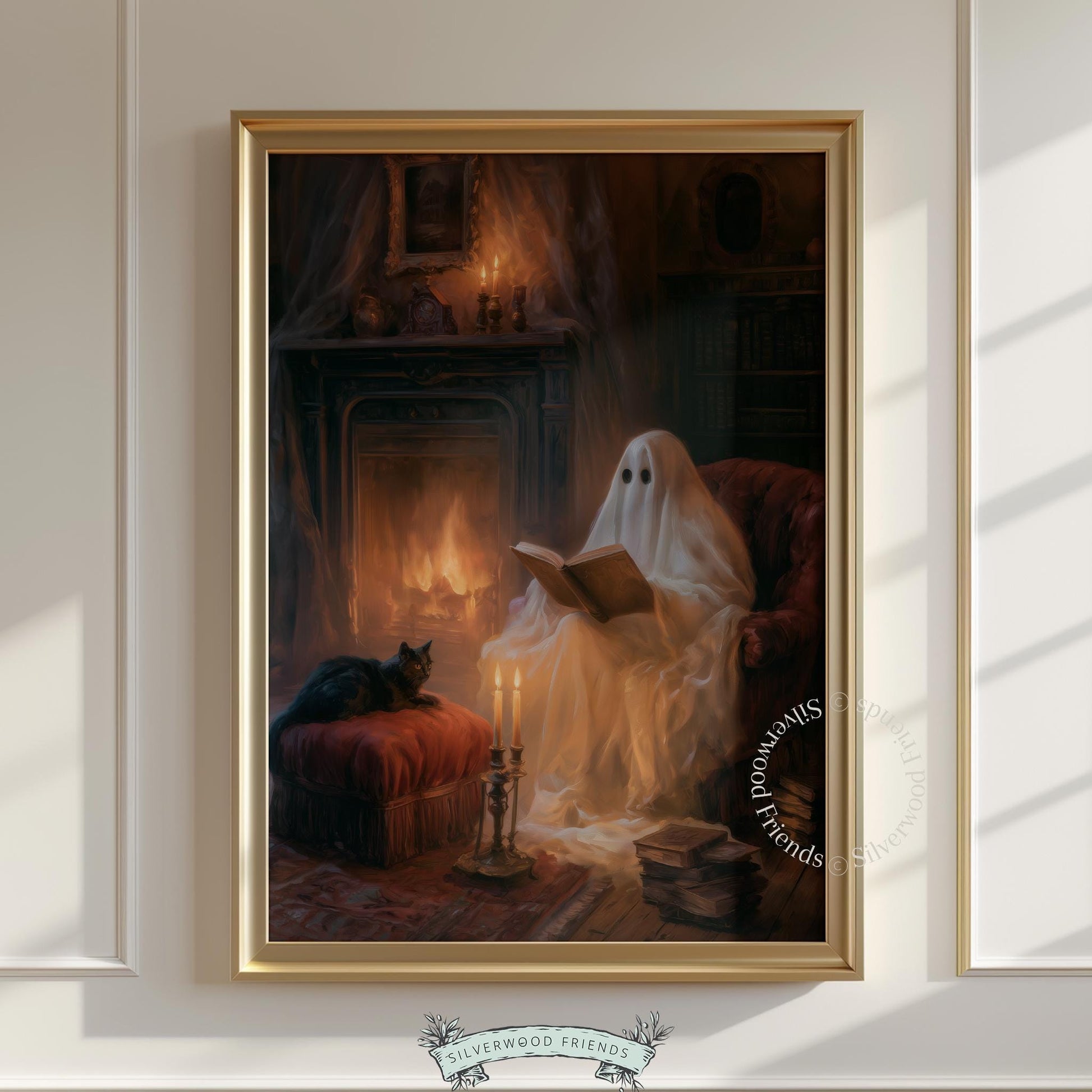 Dark cottagecore printable art — ghostly figure relaxing by fireplace with book and black cat companions