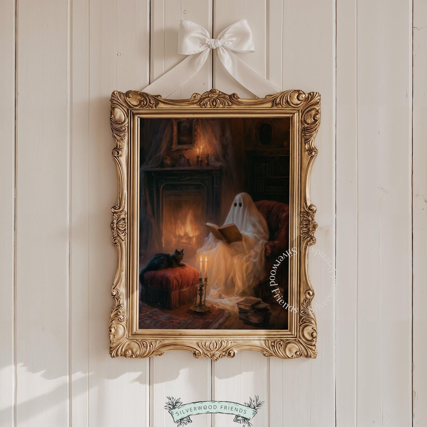 Scary season home decor print — sheet ghost enjoying book by flickering fireplace with black cat nearby