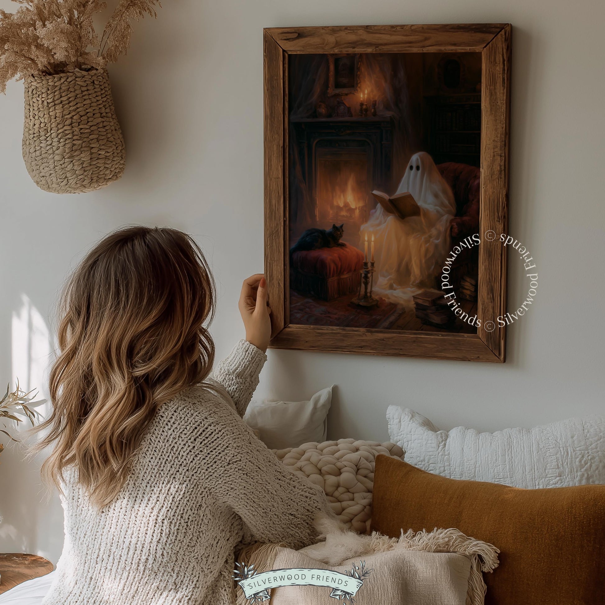 Ghost with book by fireplace digital print — vintage-style Halloween wall decor with moody autumn aesthetic