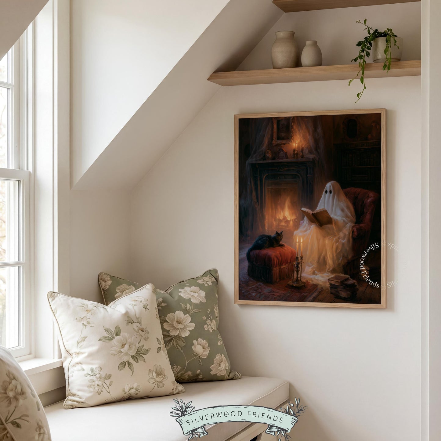 Spooky reading room wall art digital download — ghost in armchair with candlelit glow and feline silhouette
