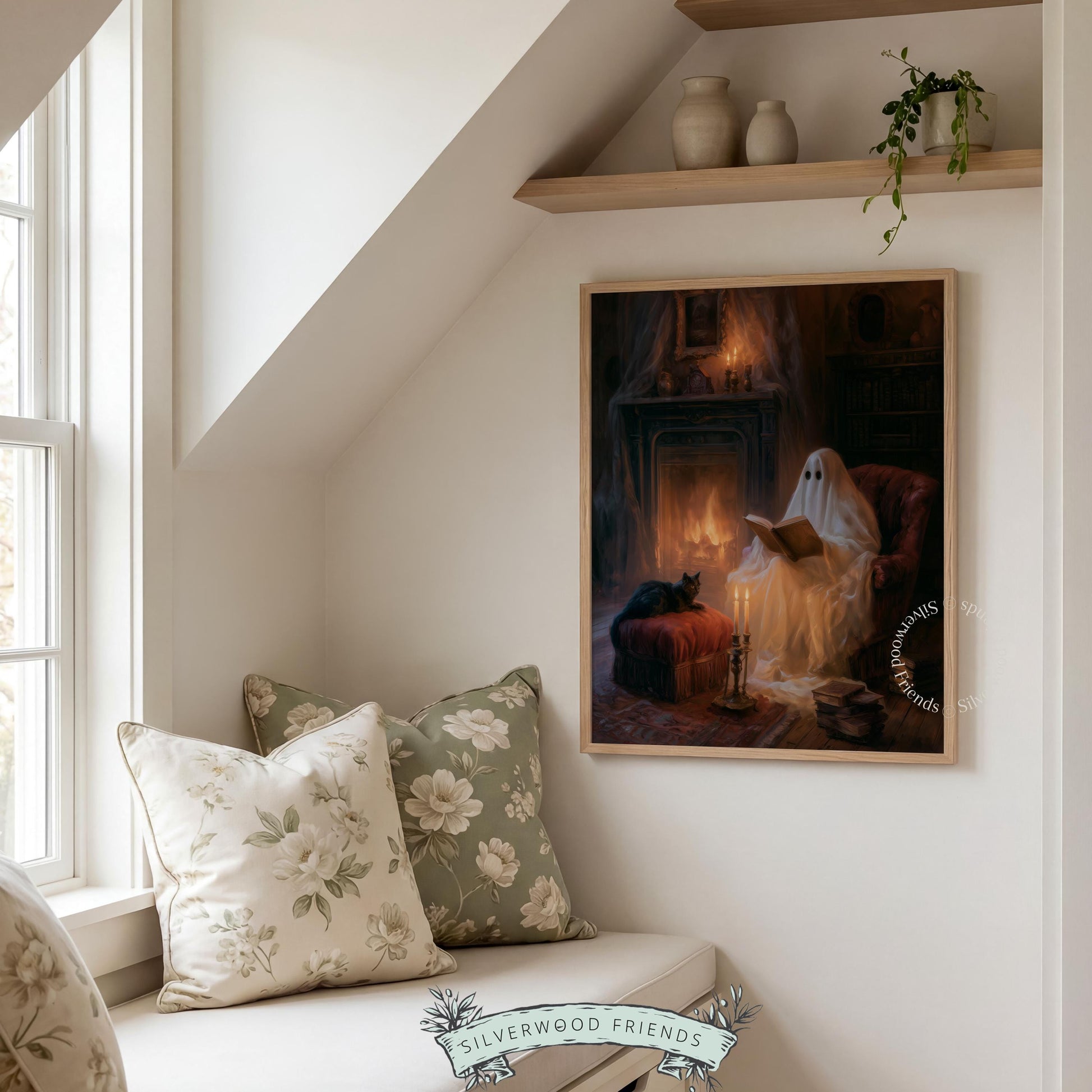 Spooky reading room wall art digital download — ghost in armchair with candlelit glow and feline silhouette
