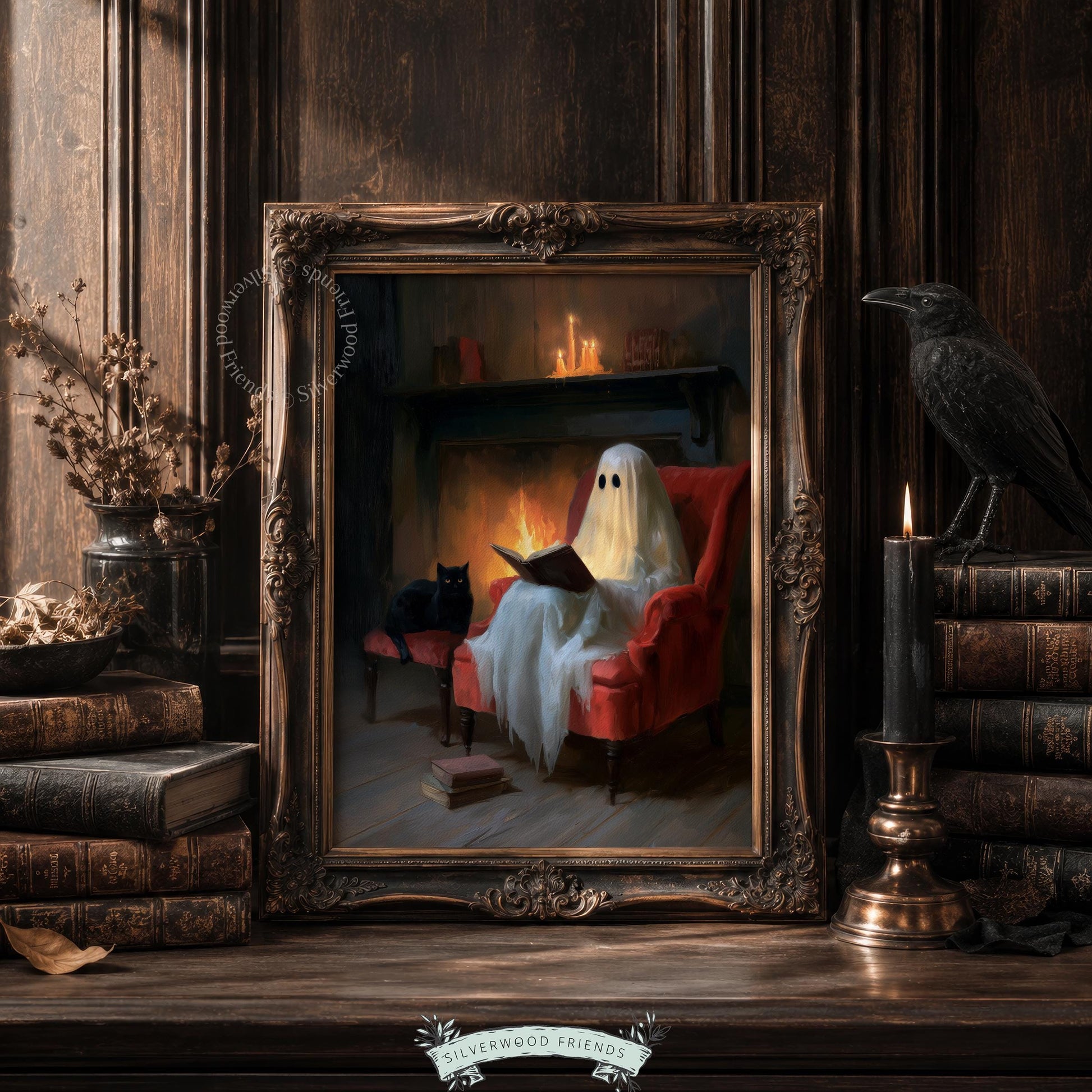 Sheet-wrapped ghost artwork digital print for study rooms — witchy fall cottagecore with black cat, books, and spooky-warm fireplace glow