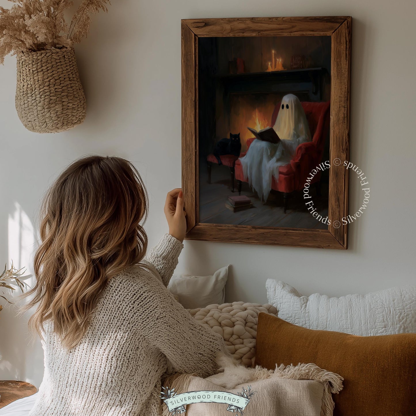 Ghostly reader painting printable for den — vintage-style spooky season decor with warm fireplace and literary aesthetic