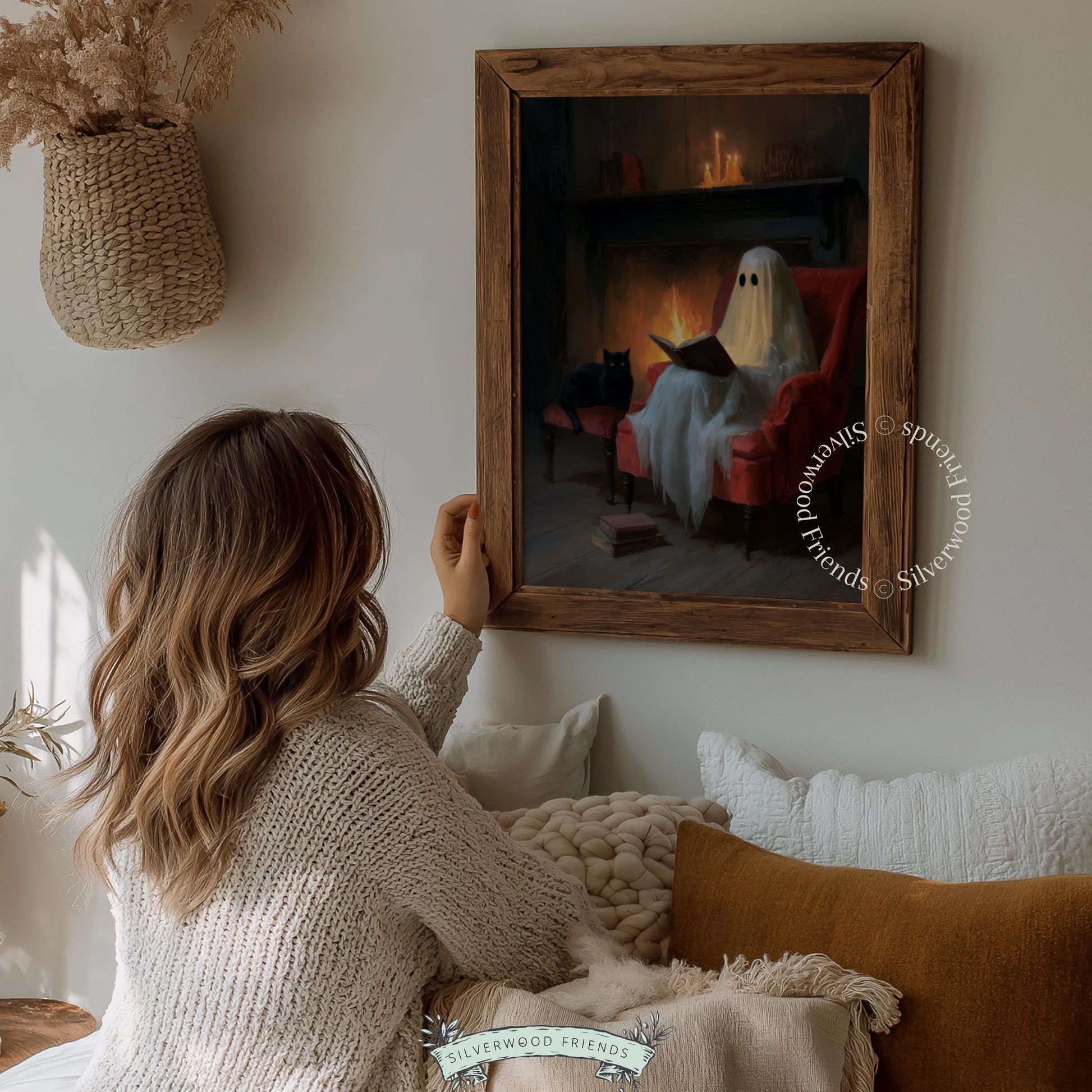 Ghostly reader painting printable for den — vintage-style spooky season decor with warm fireplace and literary aesthetic