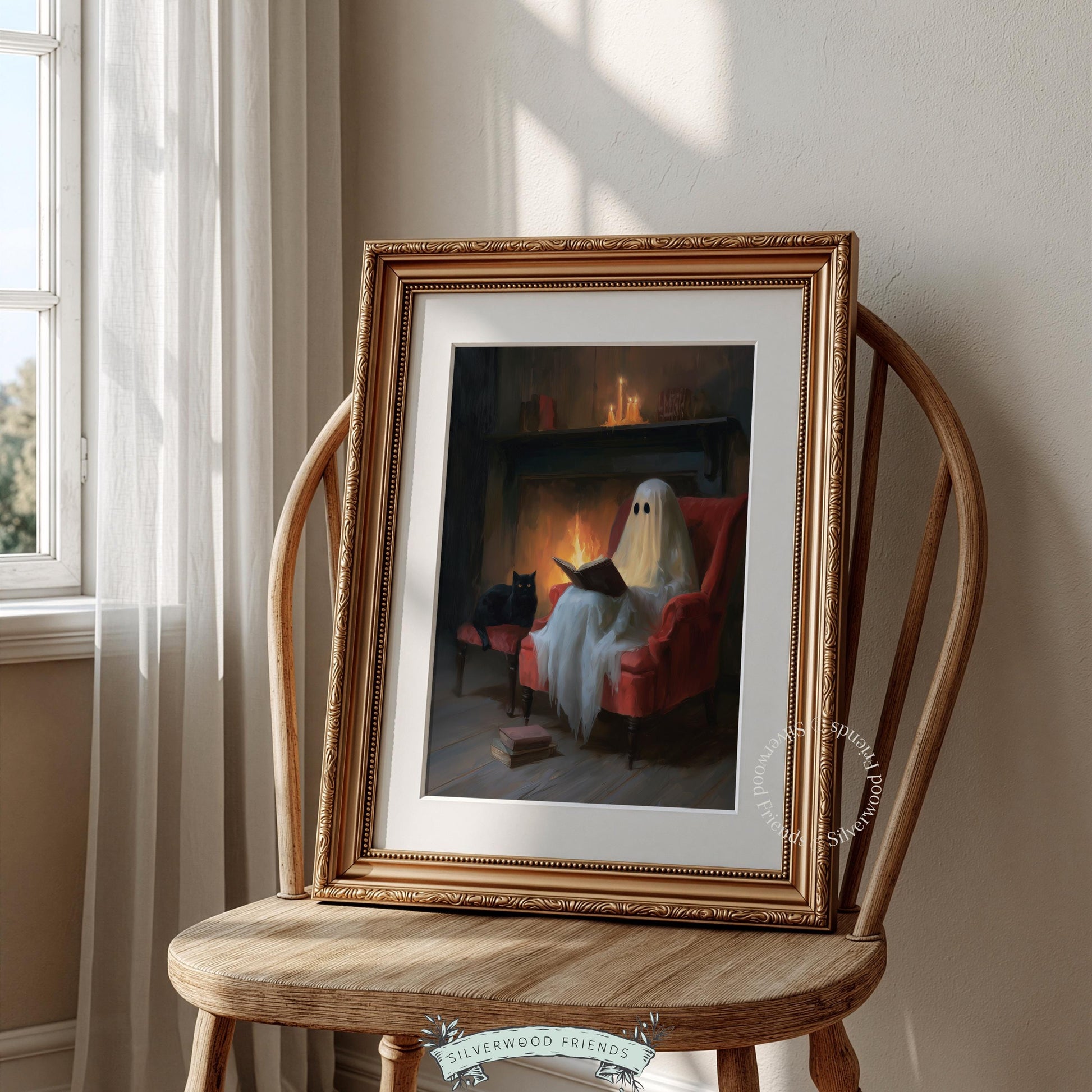 Spirit in armchair picture for dark academia spaces — witchy autumn cottage vibes with black cat, flames, and moody tones