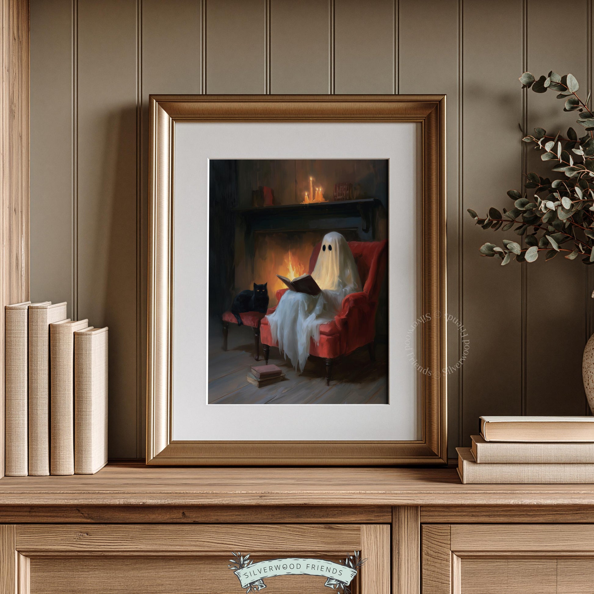 Ghost in armchair picture print for seasonal decorating — vintage style spooky scene with candlelit fireplace and literary companionship