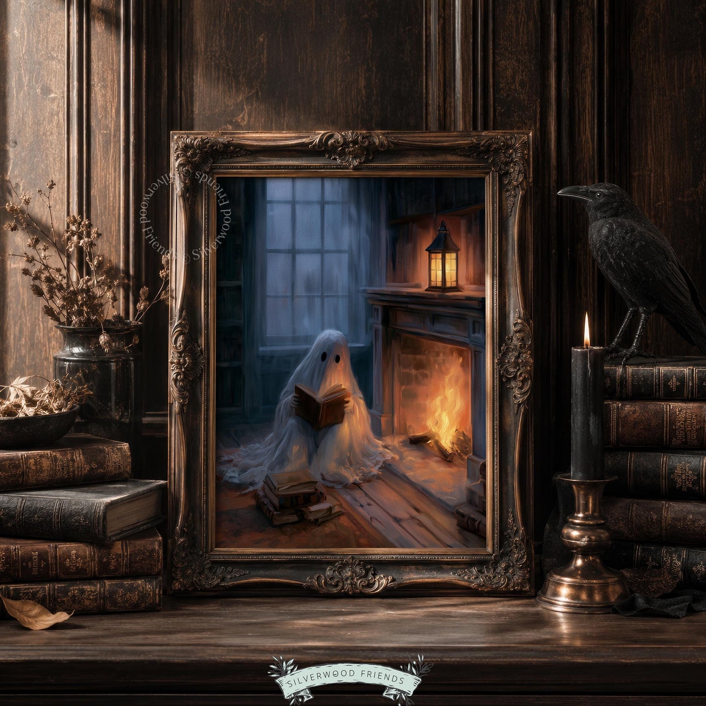 Ghost reader wall art printable for witchy home decor — cozy yet eerie scene with stack of books and lantern glow