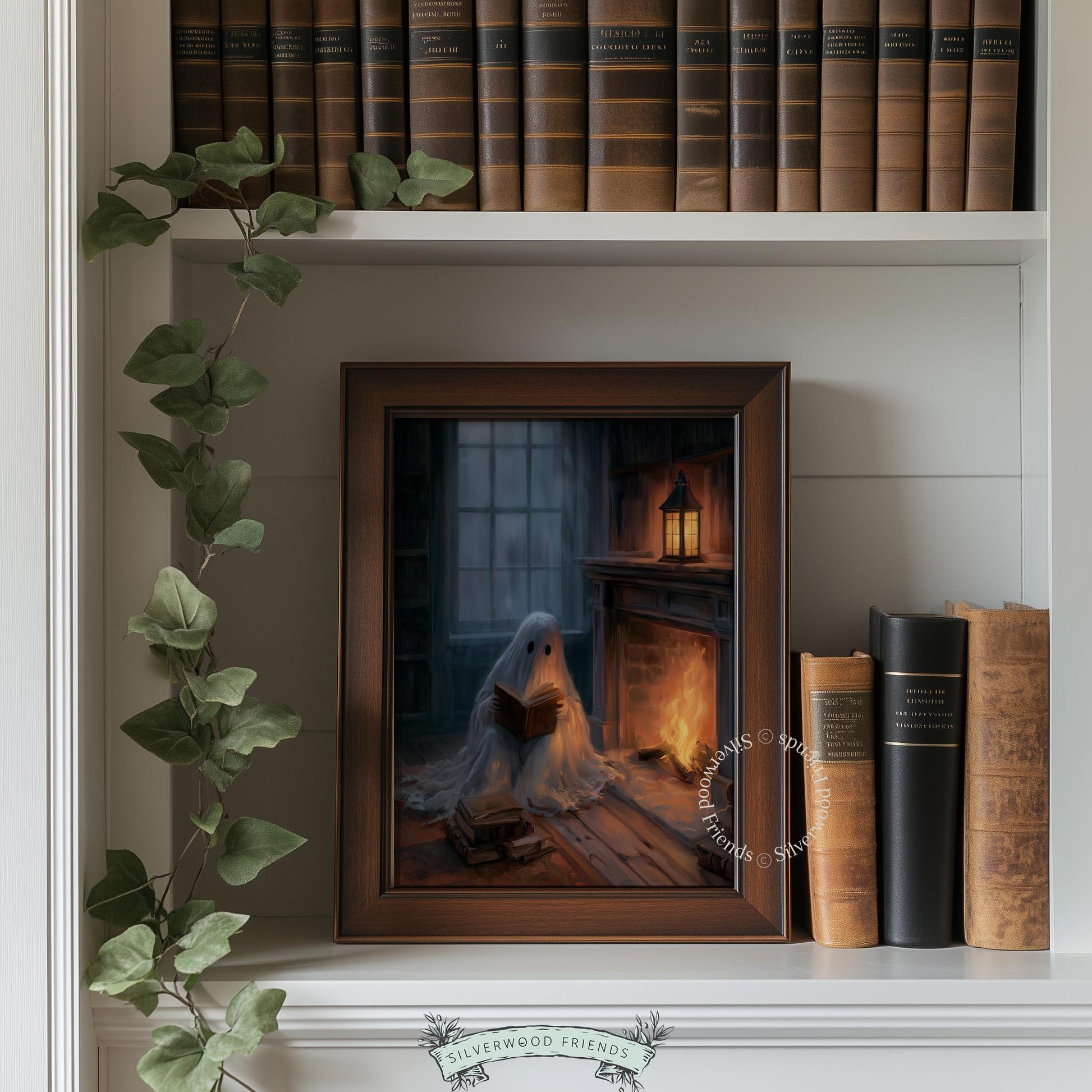Bookish specter wall art for fall season — moody Halloween illustration featuring fireplace reading nook