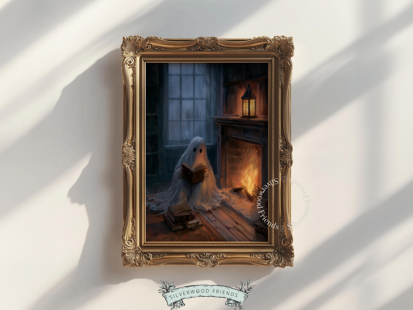 Spooky reading character poster for living room — intimate bookworm scene with lantern glow and rainy window