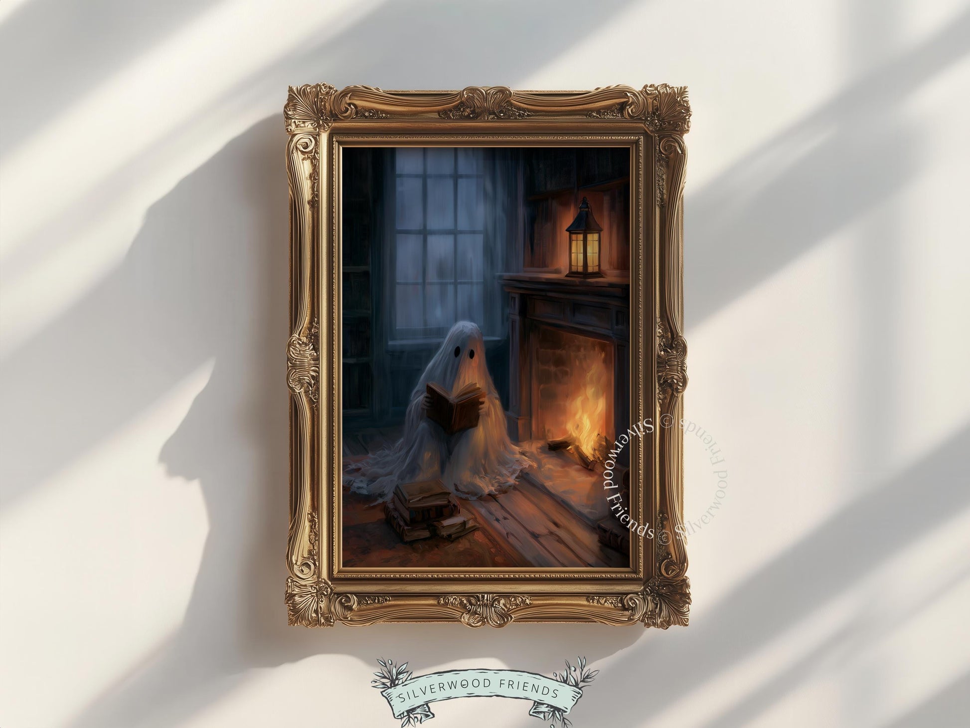 Spooky reading character poster for living room — intimate bookworm scene with lantern glow and rainy window