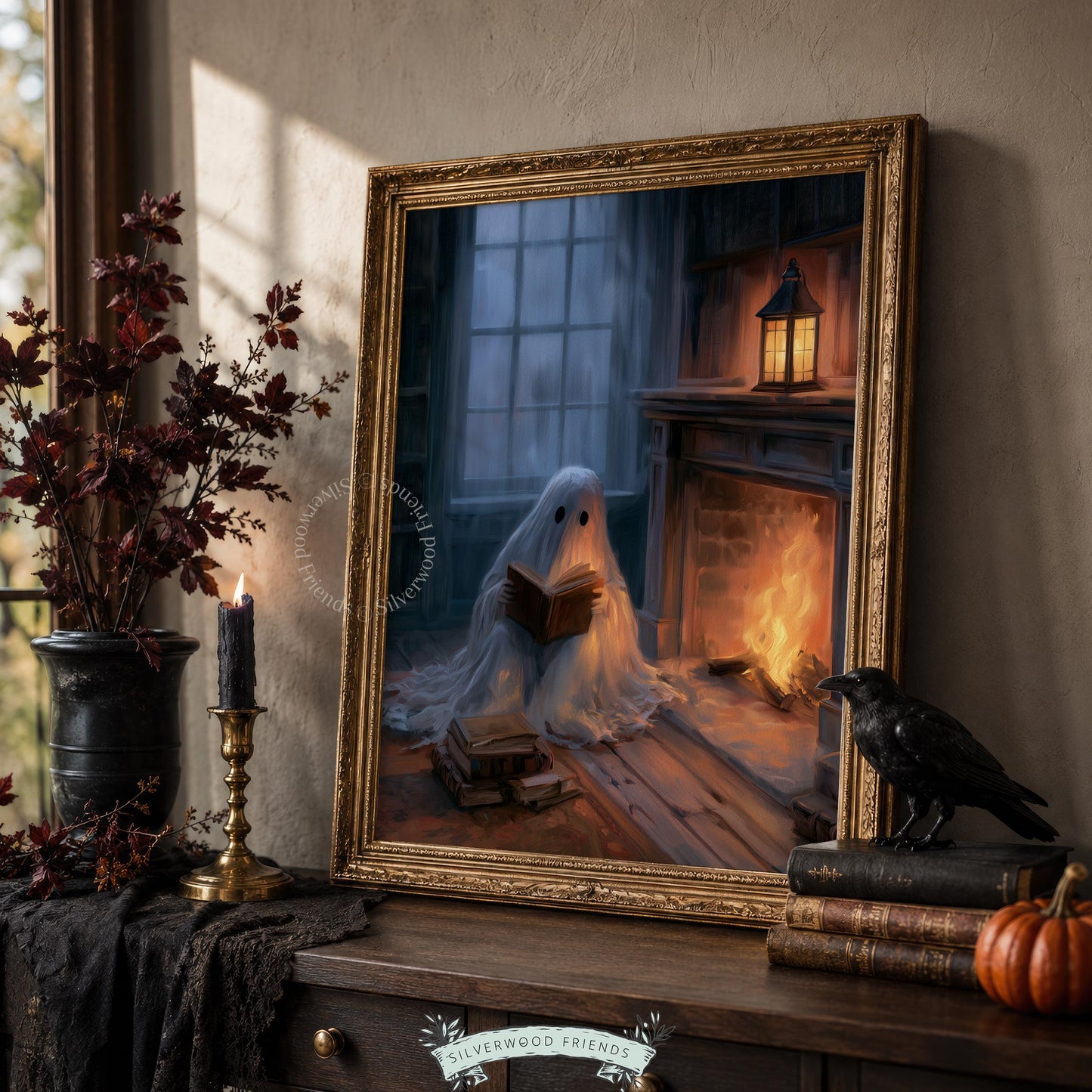Ghost enjoying literature poster for witchy home — dark, atmospheric design with warm orange and deep blue palette