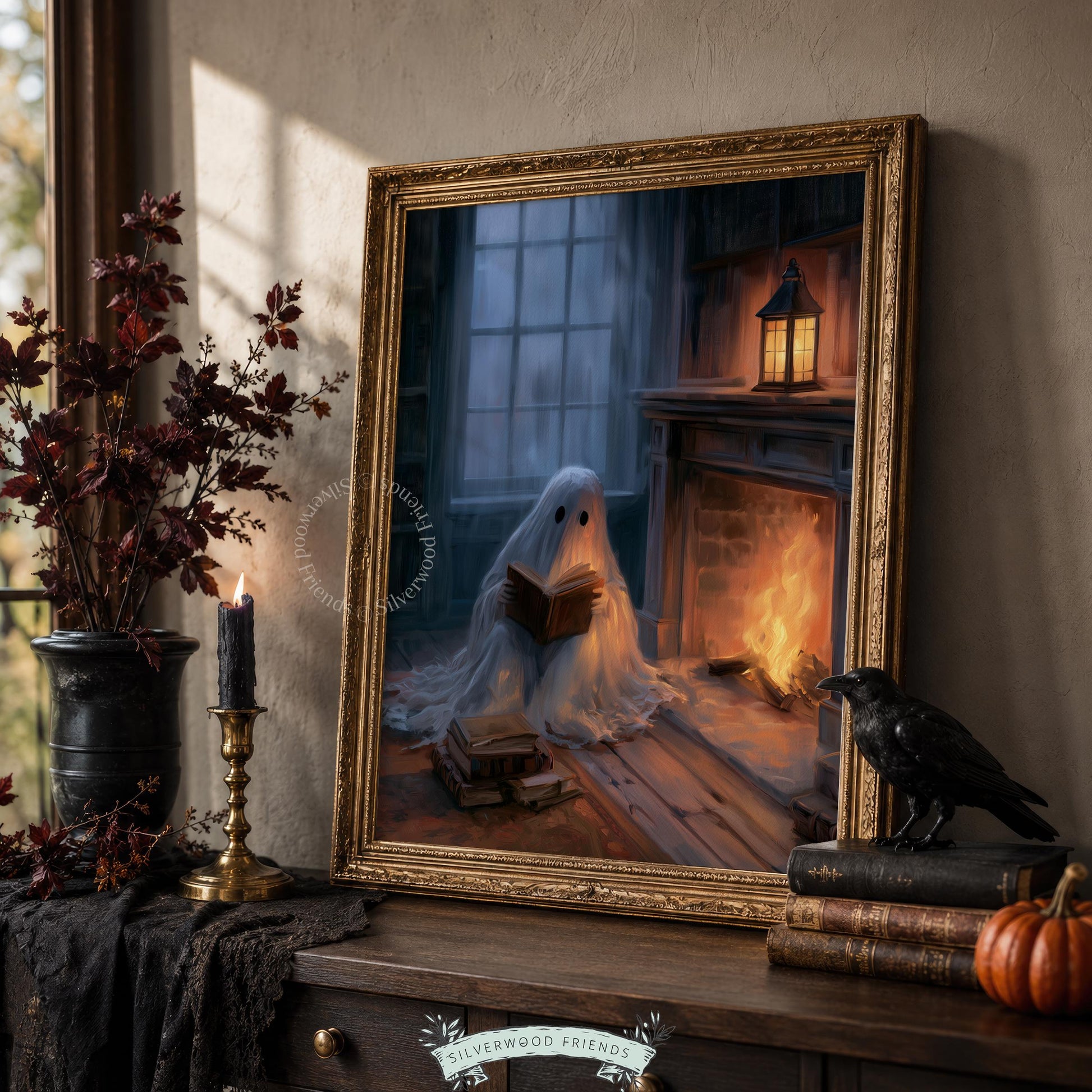 Ghost enjoying literature poster for witchy home — dark, atmospheric design with warm orange and deep blue palette