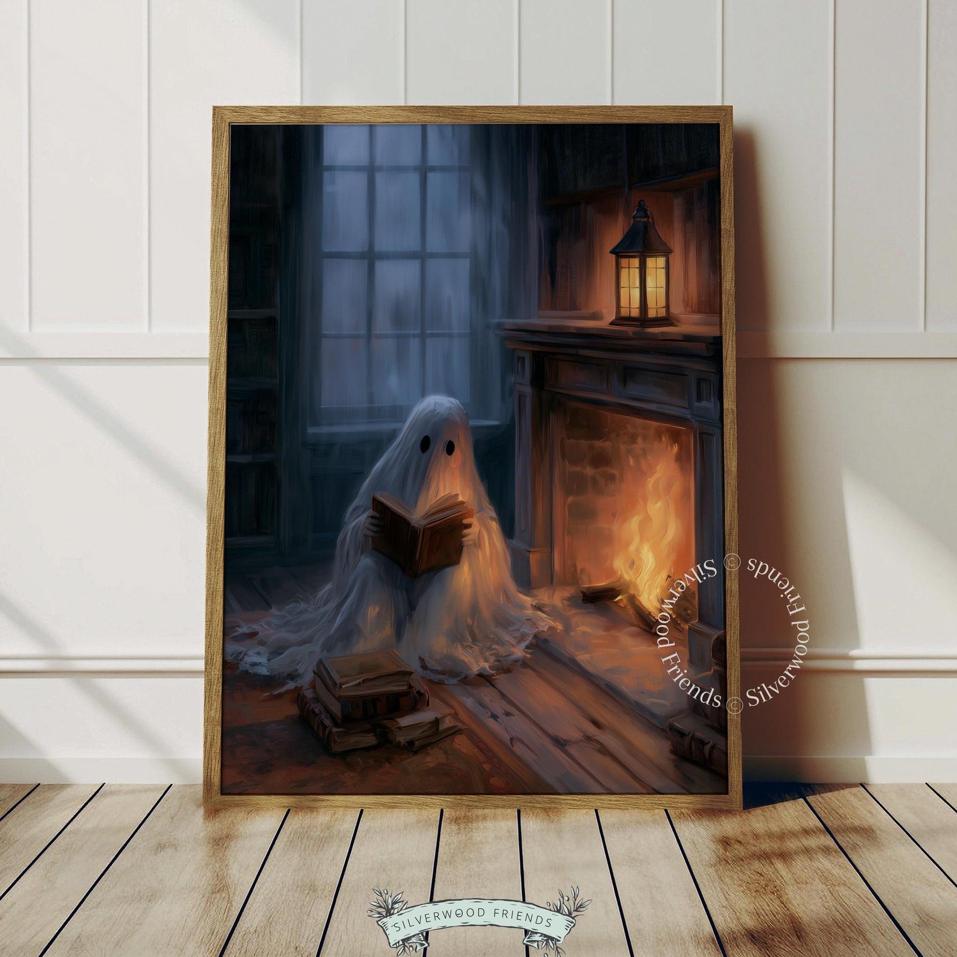 Ghost and books artwork for rustic autumn cottage — warm painterly style with intimate fireplace setting