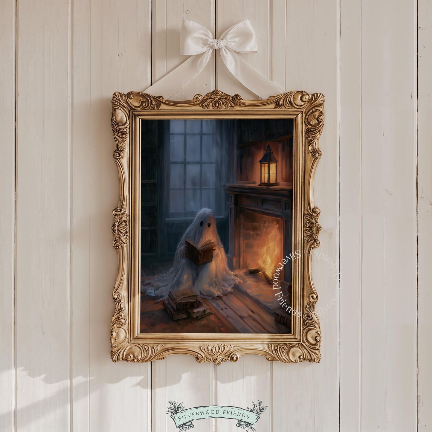 Cute specter enjoying book picture for fall hosting décor — literary Halloween print with atmospheric firelight