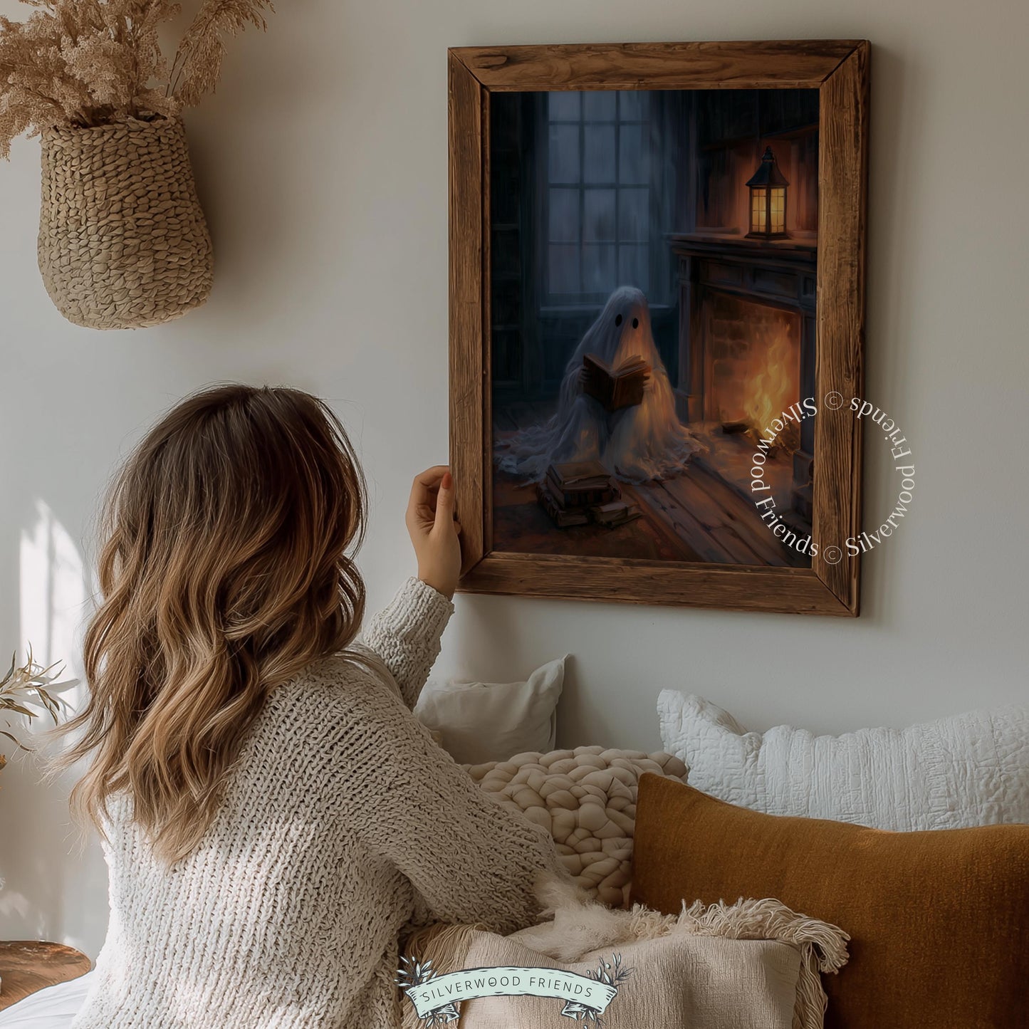 Cozy ghost by fireplace picture for autumn décor — painterly style with glowing lantern and stormy atmosphere