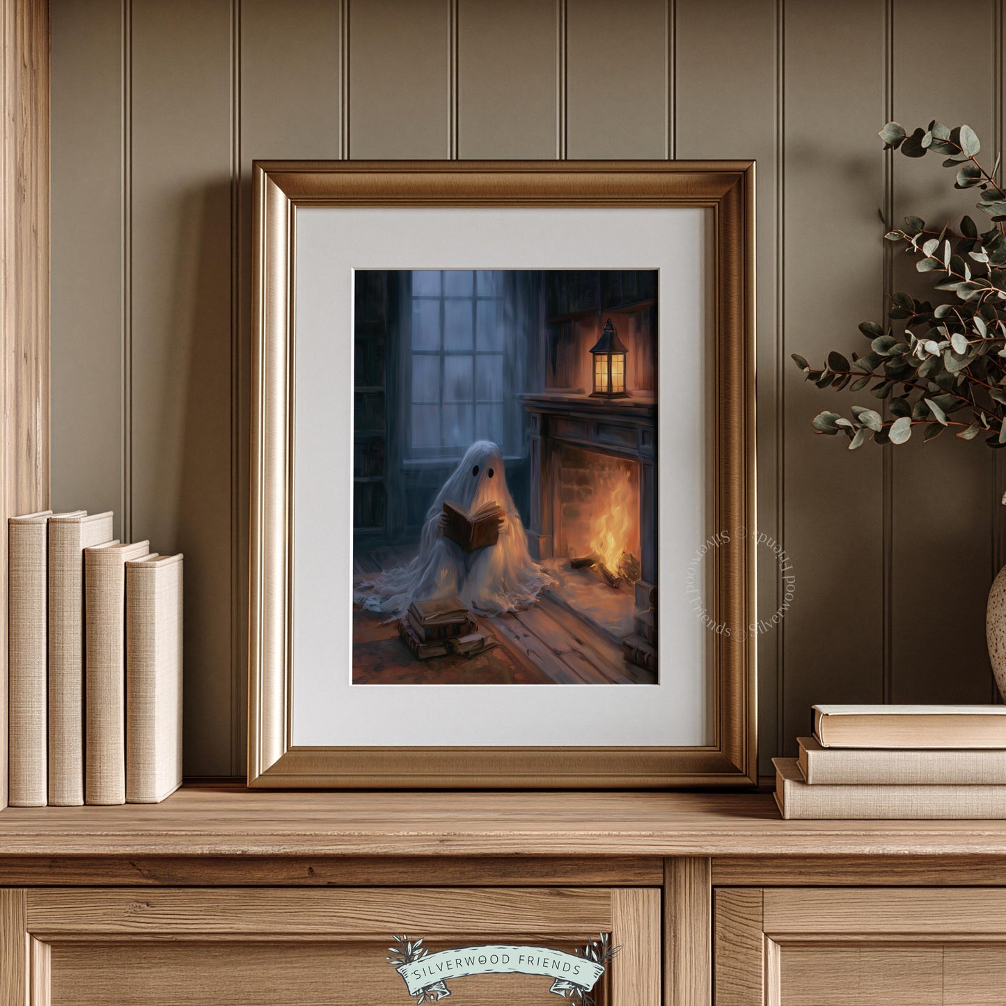 Sheet phantom with literature poster for seasonal walls — dark, moody Halloween art with candlelit ambiance