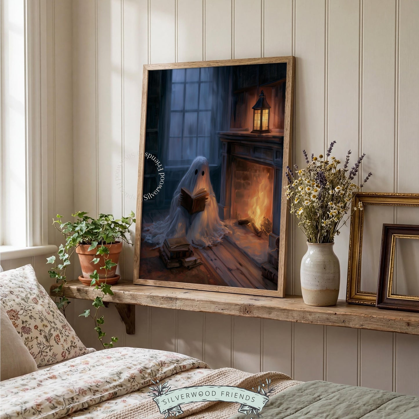 Bookworm specter poster for dark academia aesthetic — intimate reading scene with gothic fireplace mood
