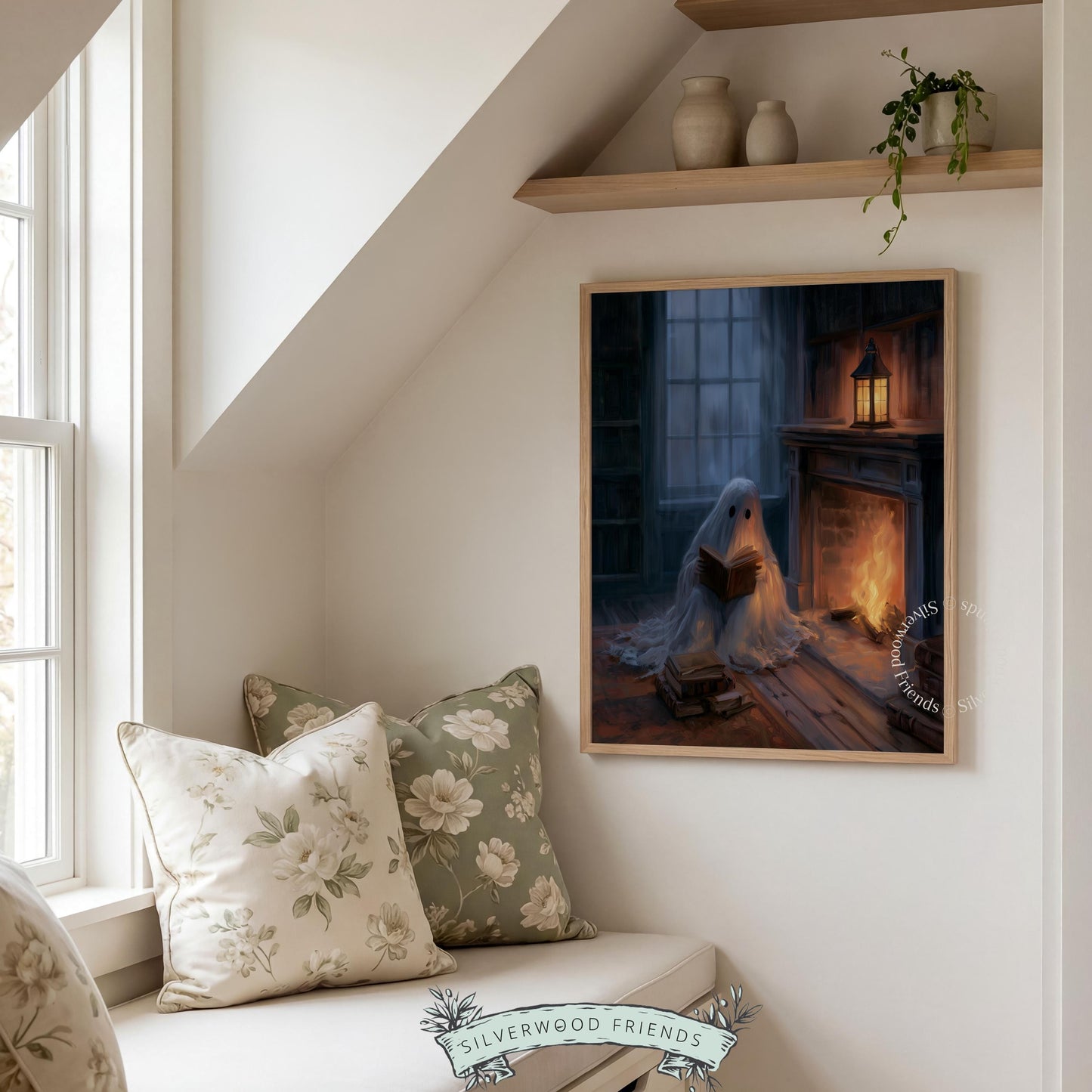 Ghost with stack of books picture art for Halloween — warm firelight against cool blue atmospheric tones