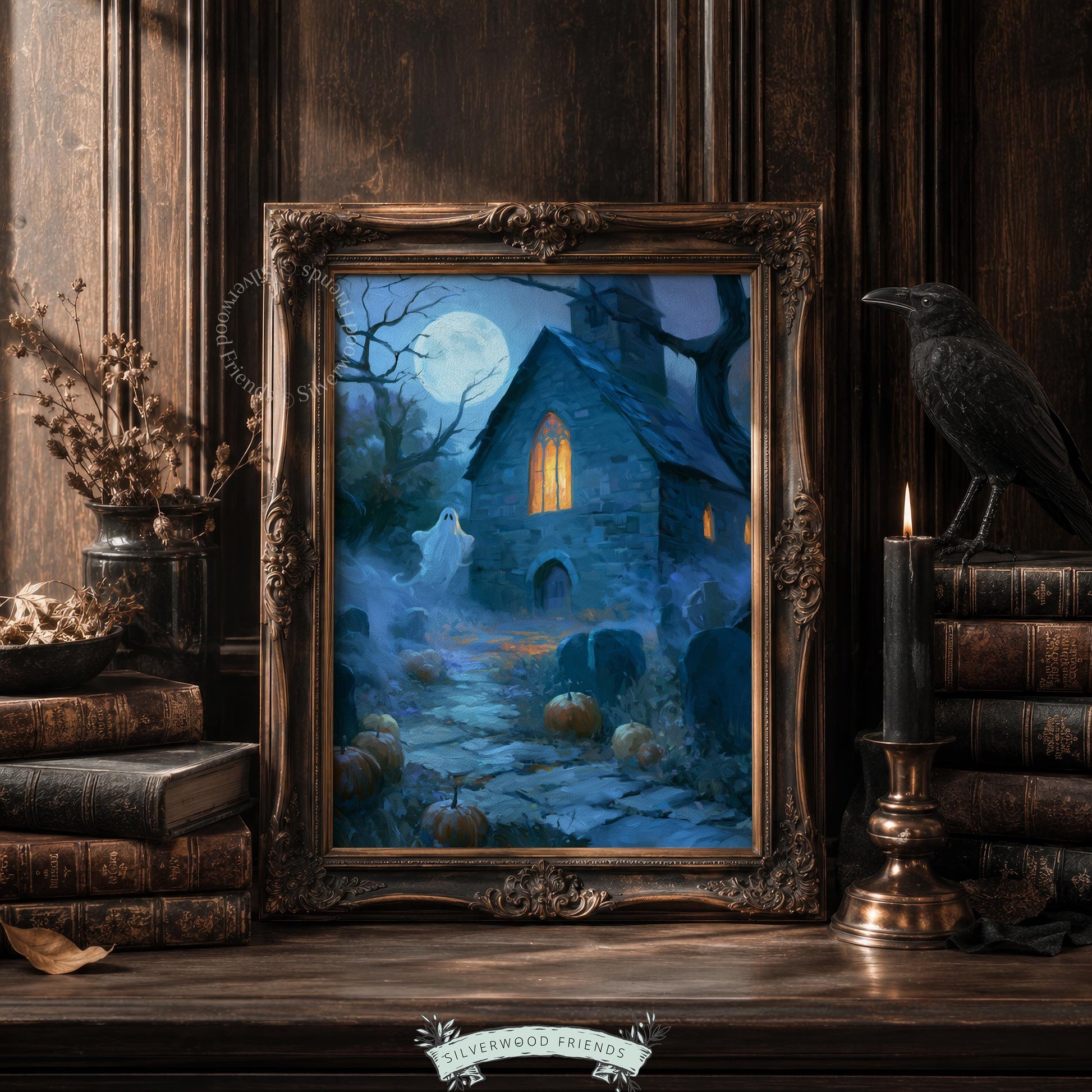 Halloween haunted landscape digital print for gallery walls — vintage painterly style with moody indigo palette