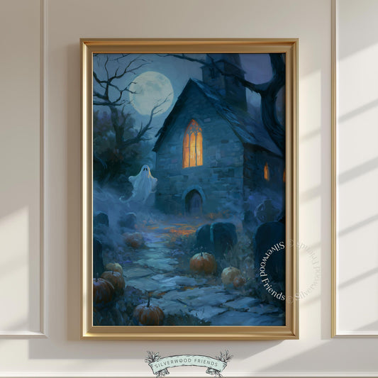 Ghostly graveyard digital print for dark academia spaces — vintage-style nocturnal scene with gothic architecture