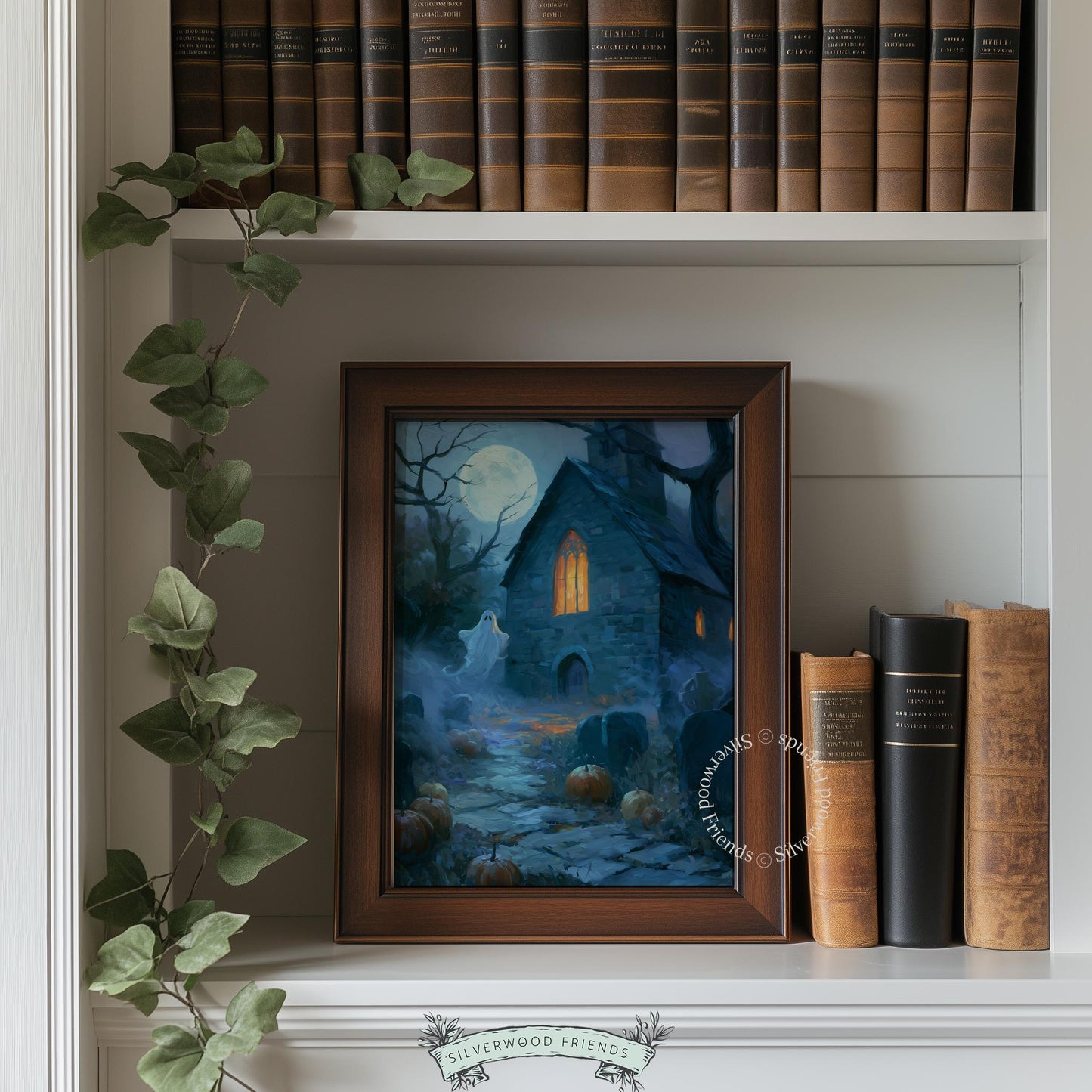 Spooky church painting wall art for living room — moody blue autumn landscape with misty graveyard aesthetic