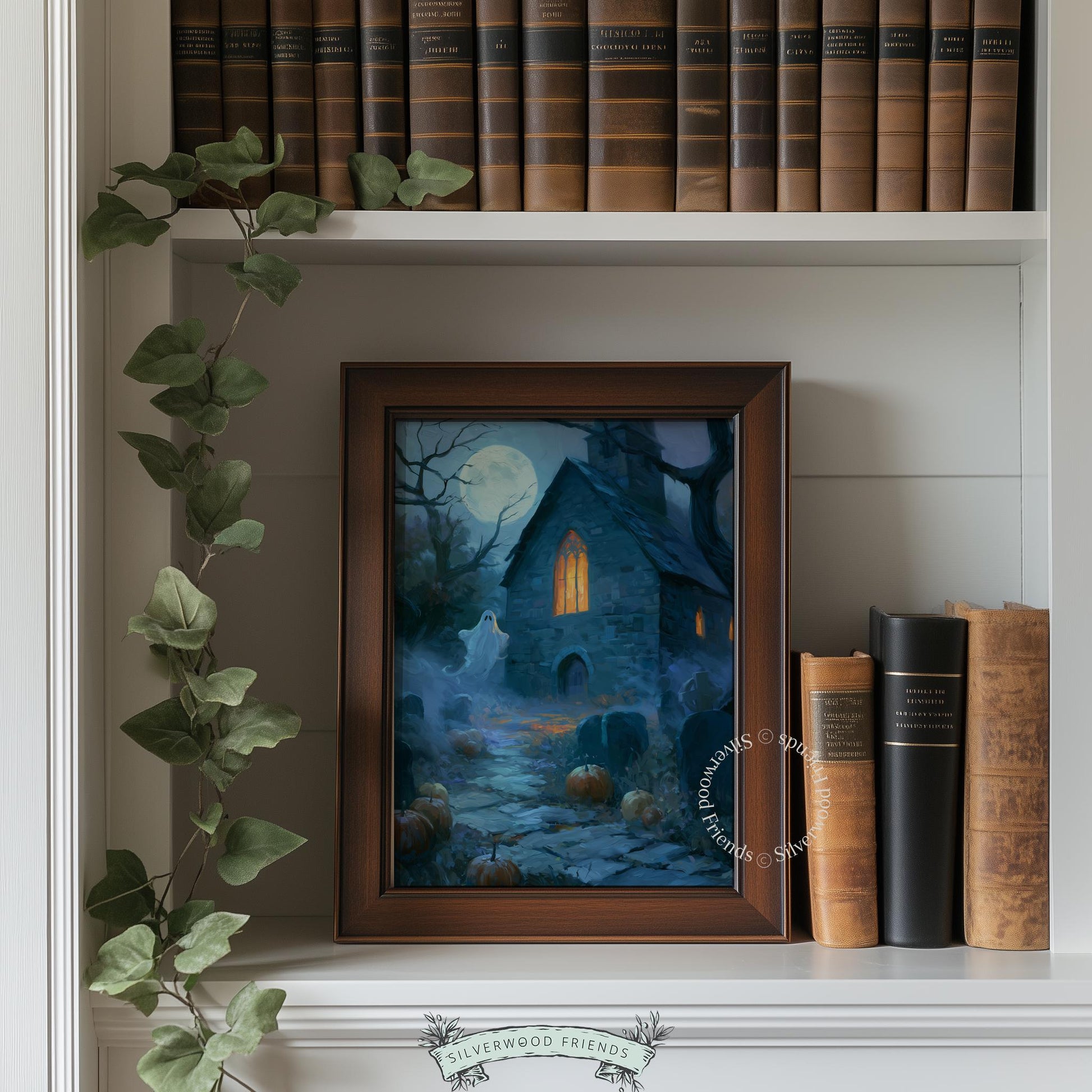 Spooky church painting wall art for living room — moody blue autumn landscape with misty graveyard aesthetic
