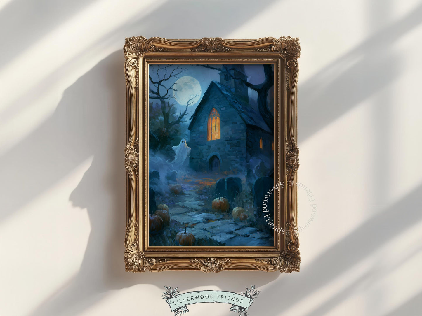Halloween haunted mansion poster for entryway — atmospheric stone chapel under moonlight with warm amber glow
