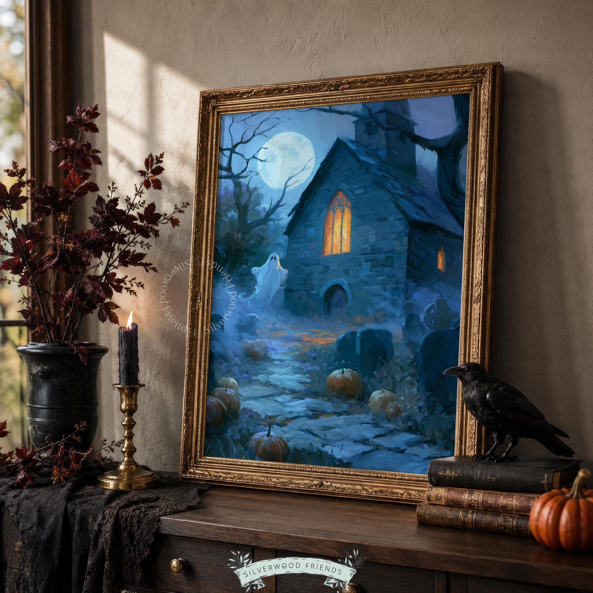 Haunted gothic chapel printable art for bedroom — eerie full moon night scene with glowing ghost and pumpkins