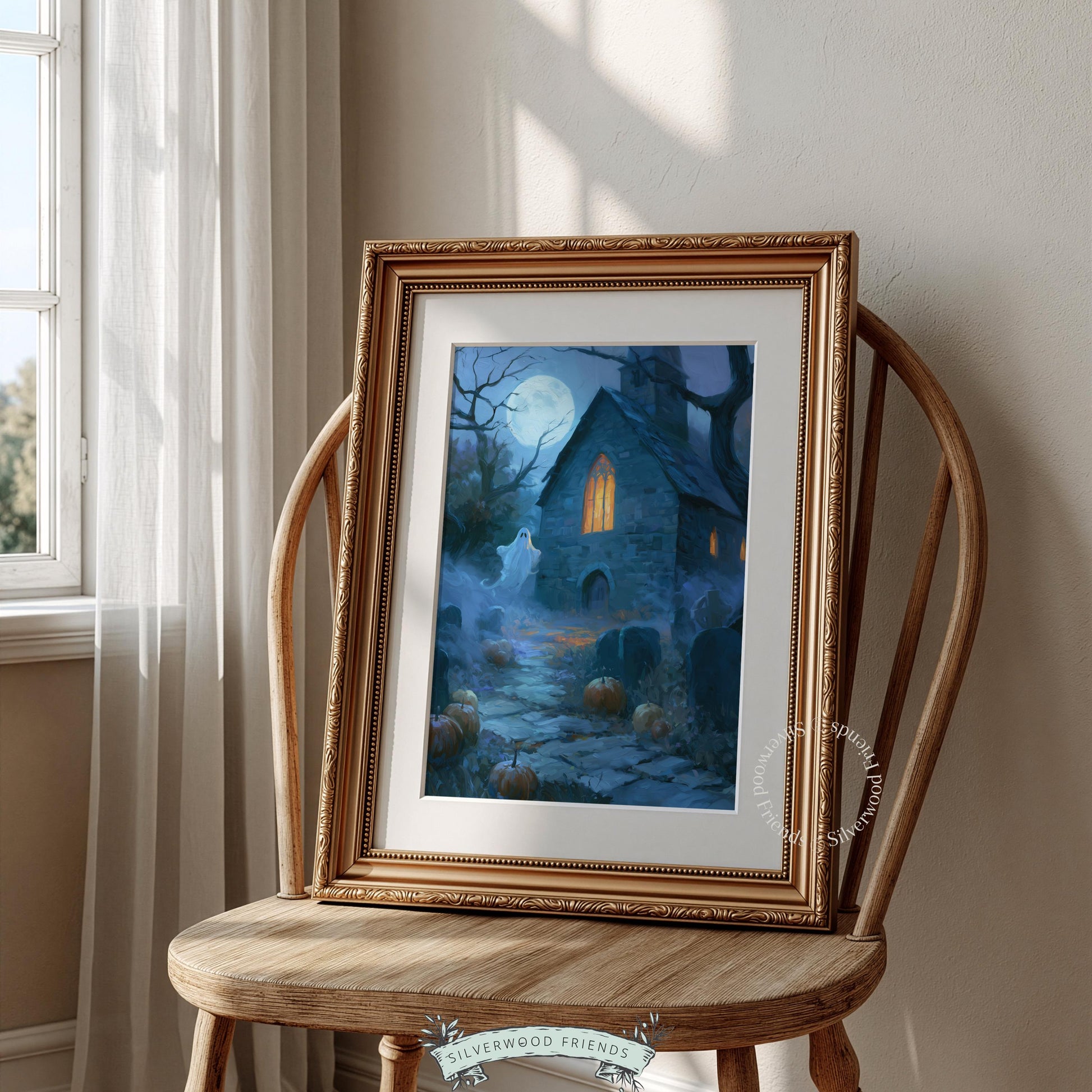 Vintage haunted church wall art for Halloween entertaining spaces — textured brushwork with misty graveyard ambiance