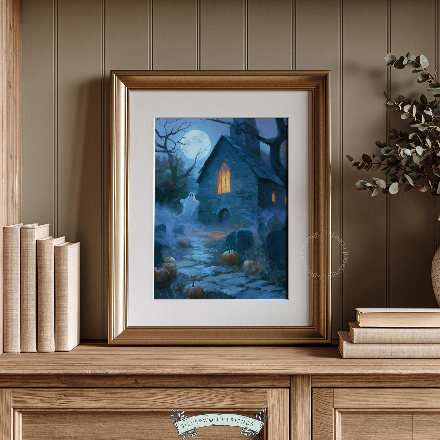 Spooky full moon digital art printable for seasonal displays — moody landscape featuring gothic structure and phantom