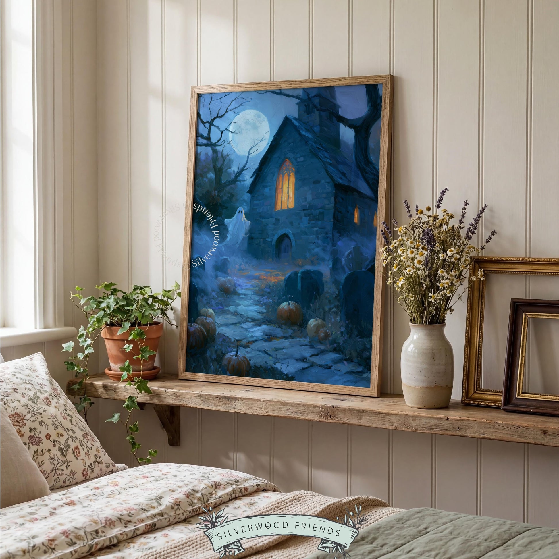 Eerie nighttime chapel poster for cozy fall decorating — warm amber light radiating from stone gothic doors