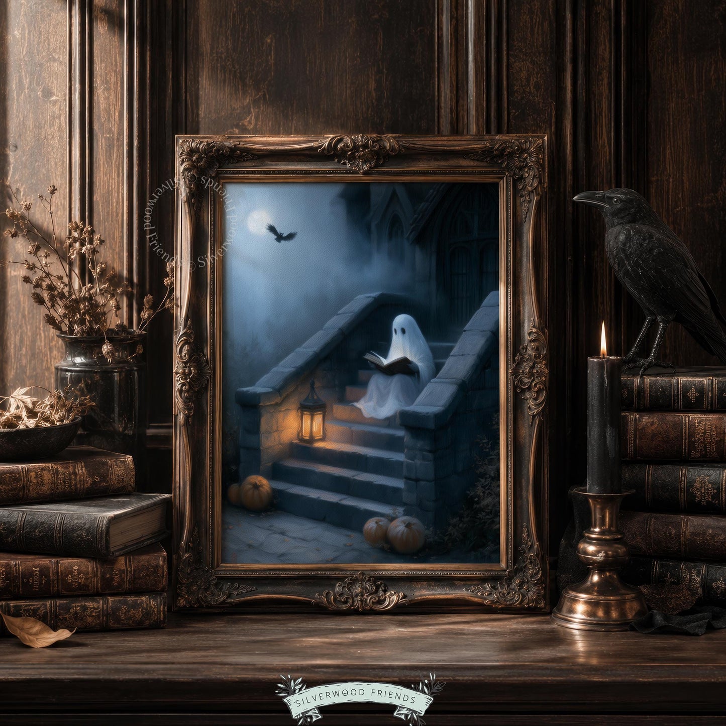 Ghost figure reading instant download art for home — moody Halloween painting with lantern and pumpkins