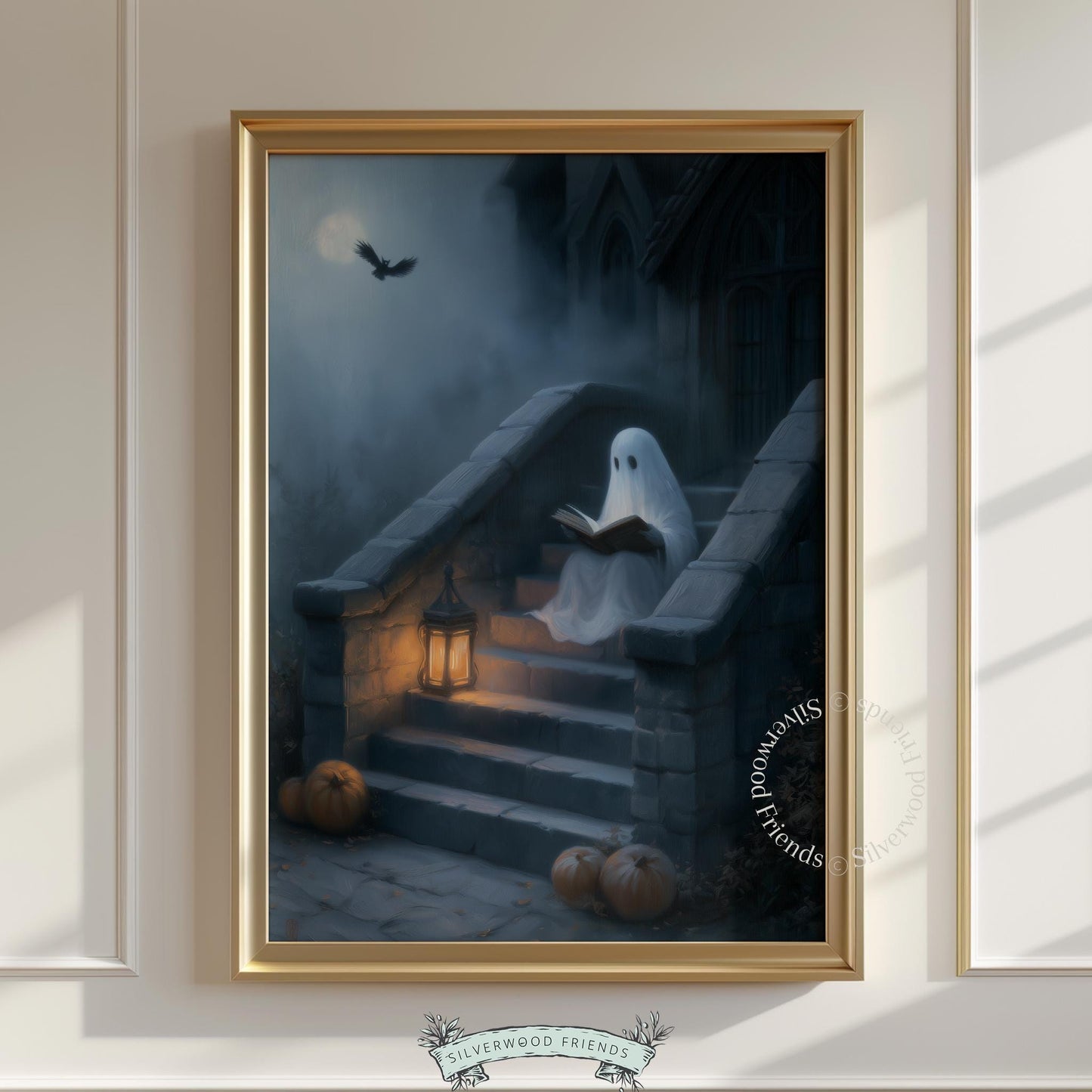 Ghost reading book instant download print for home — moody Halloween scene with atmospheric night sky