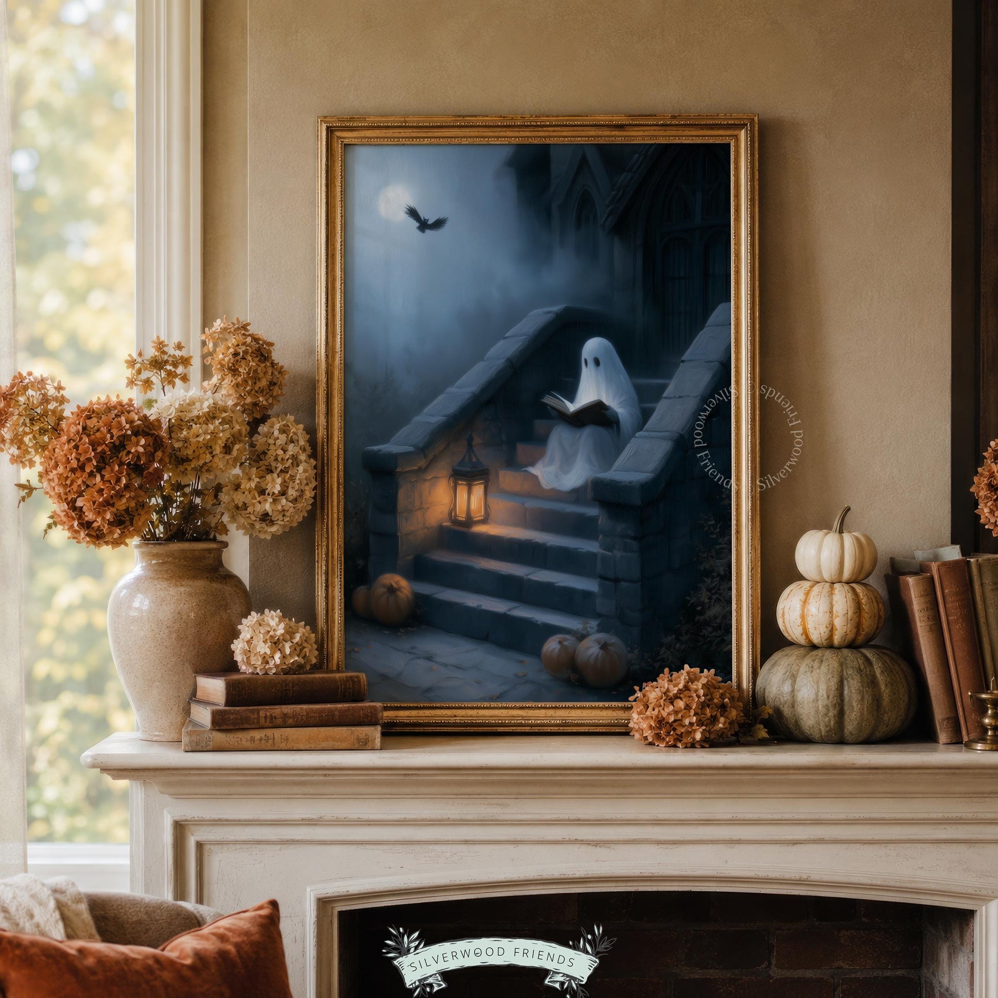 Glowing apparition with book poster for entryway — witchy fall wall art featuring moonlit scene