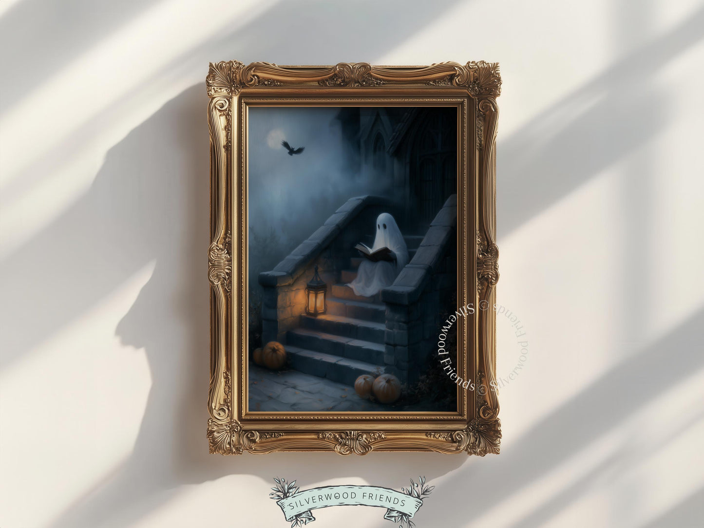 Spirit reading on dark steps wall print for bedroom — mysterious cottagecore autumn aesthetic