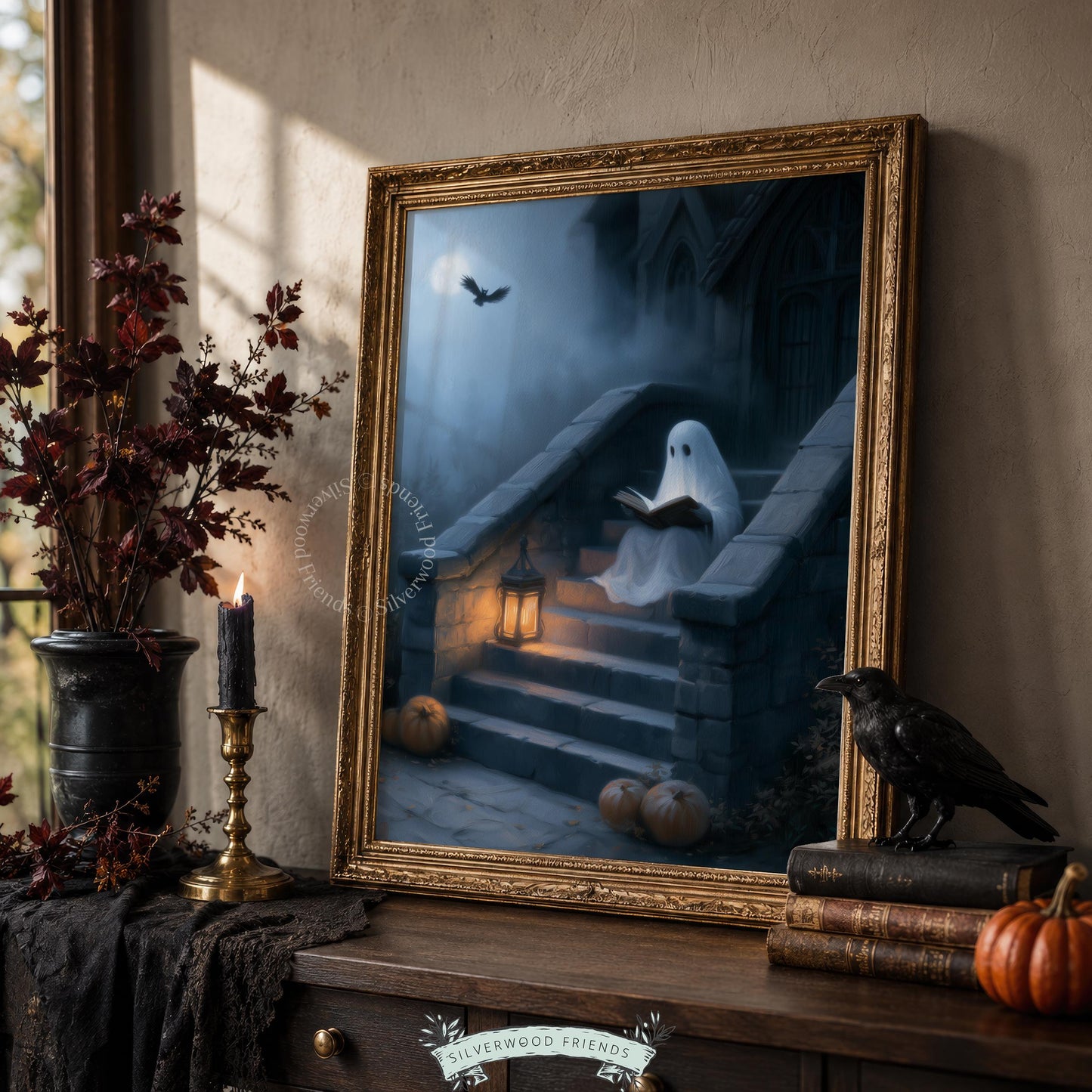 Spectral reader on stone steps picture for bedroom — cozy gothic fall season wall décor