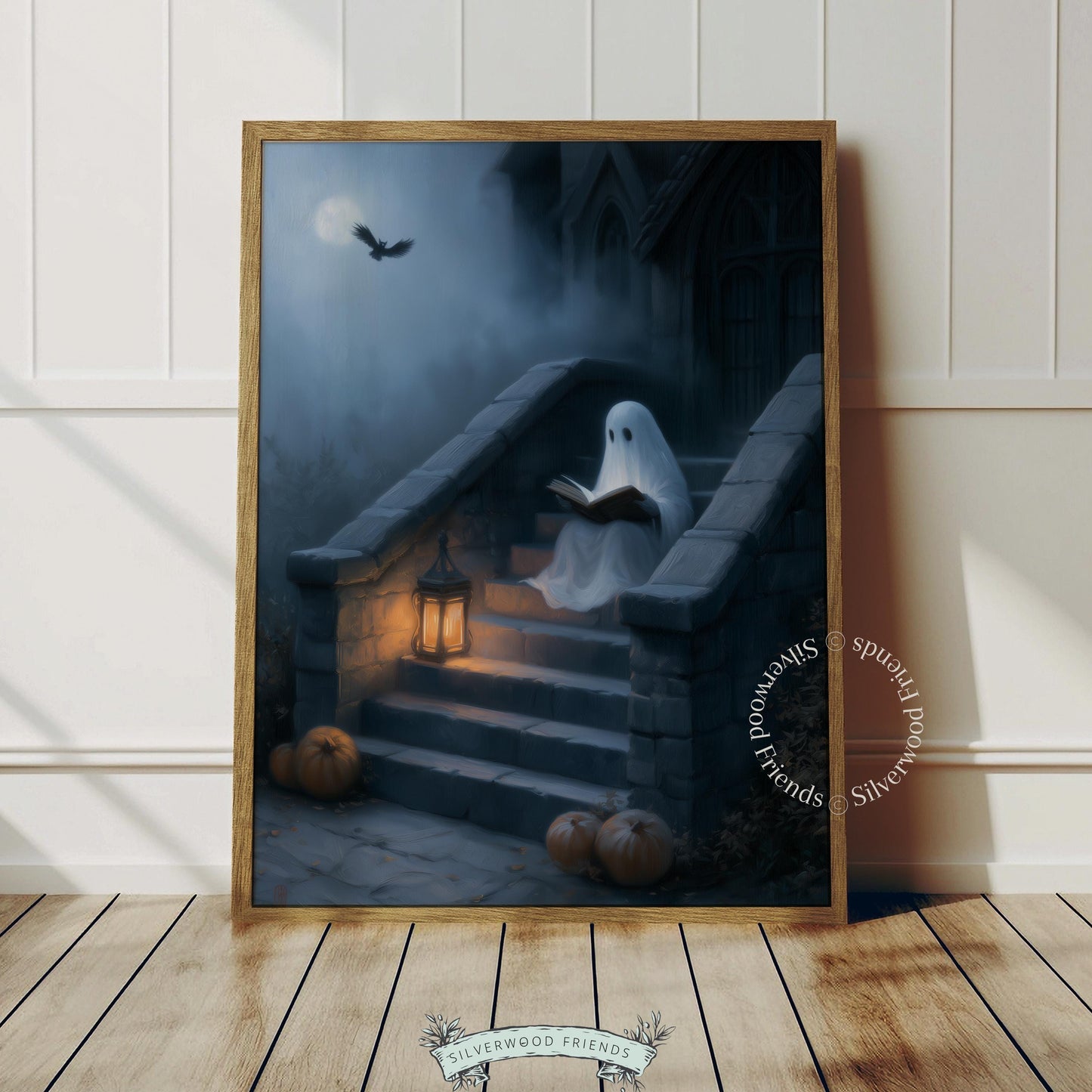 Ghost on haunted staircase picture print for bedroom — eerie yet warm Halloween wall décor