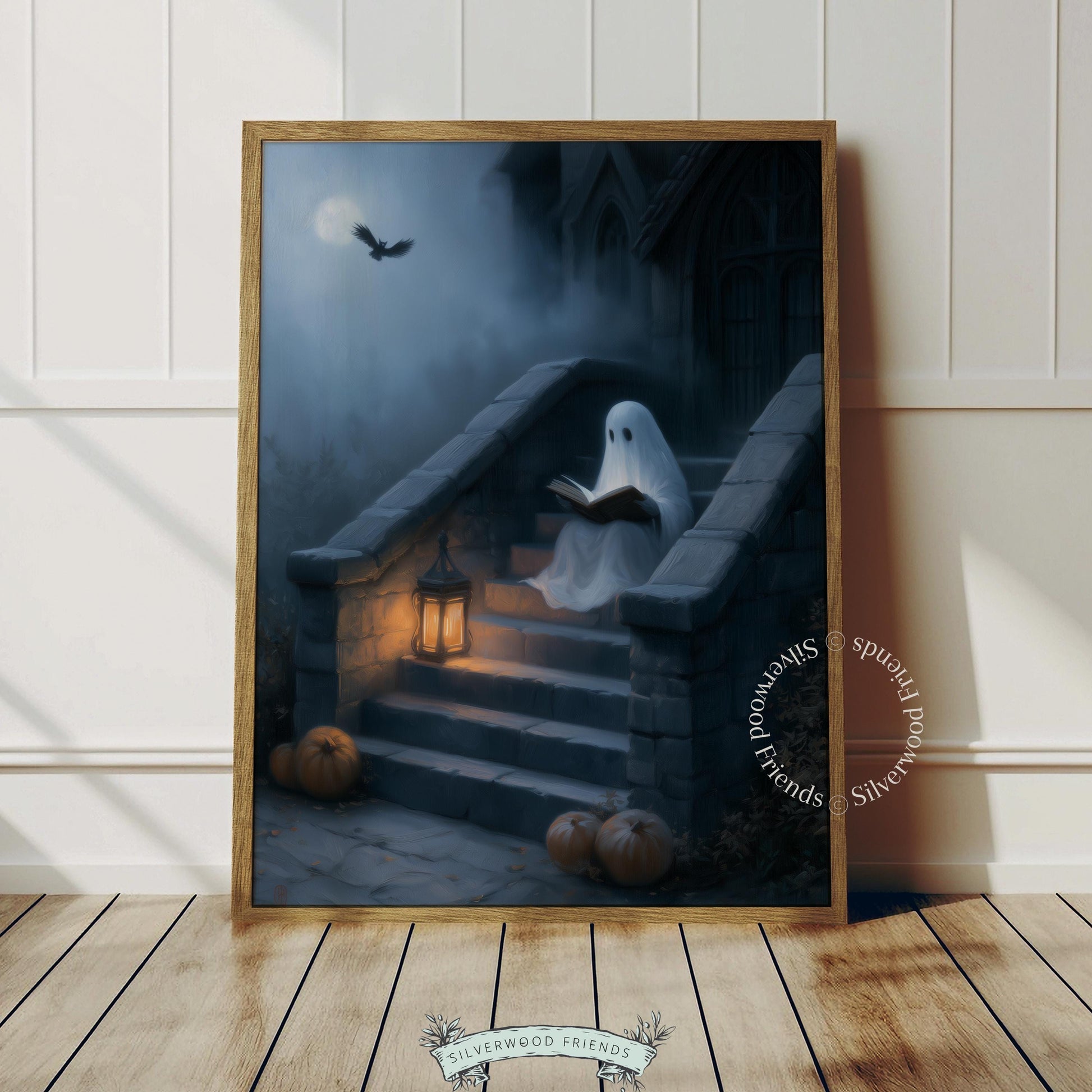 Ghost on haunted staircase picture print for bedroom — eerie yet warm Halloween wall décor
