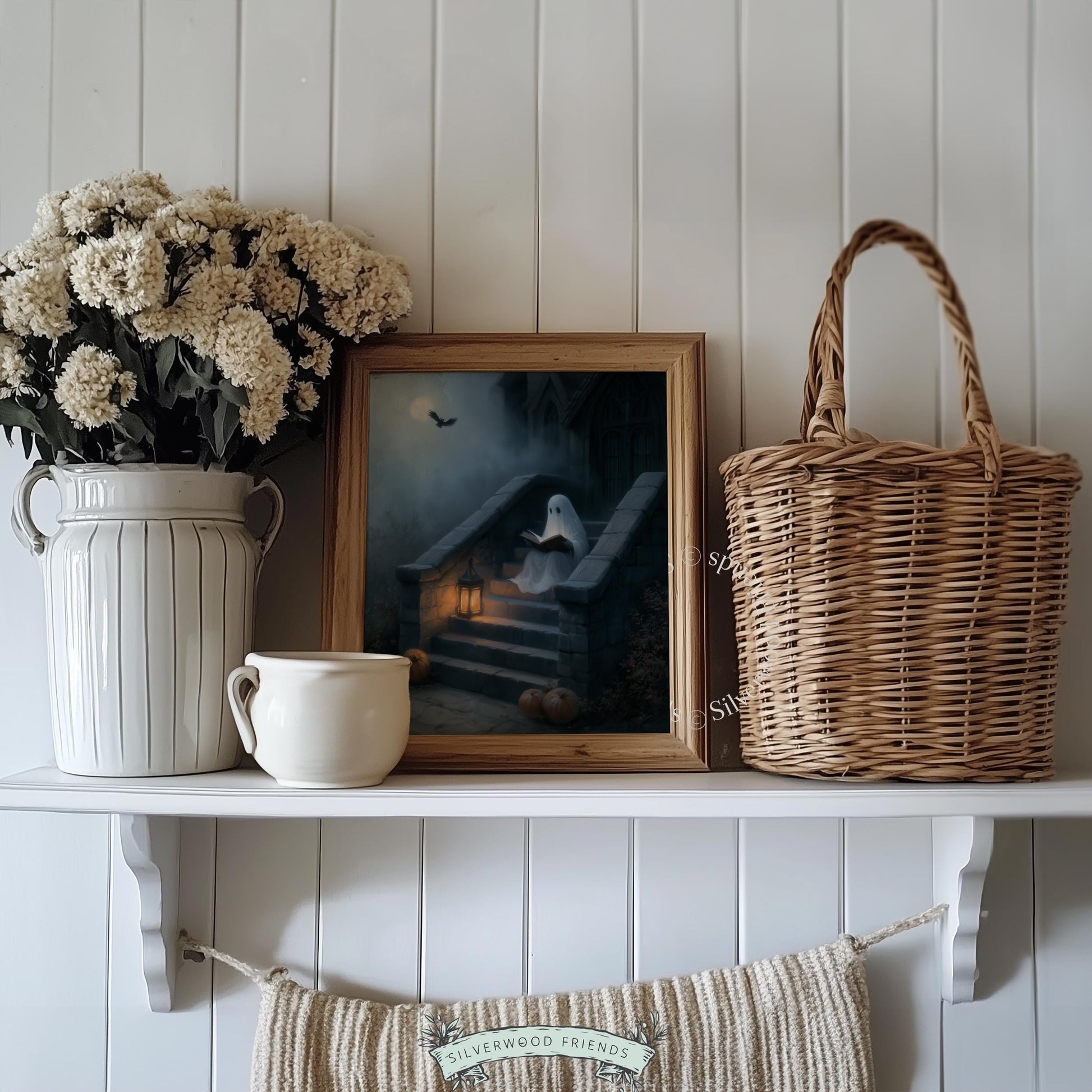 Glowing spirit reading poster for study — mysterious fall season artwork with lantern and crow