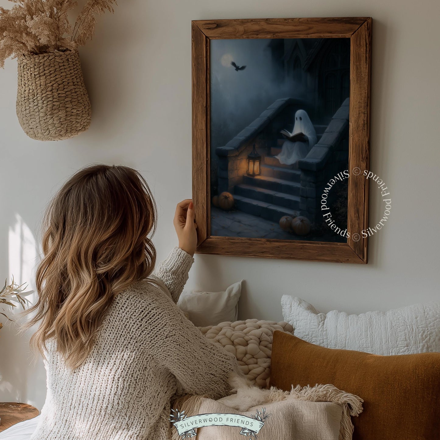 Cute specter on stairs poster for living room — eerie cozy Halloween aesthetic with full moon backdrop