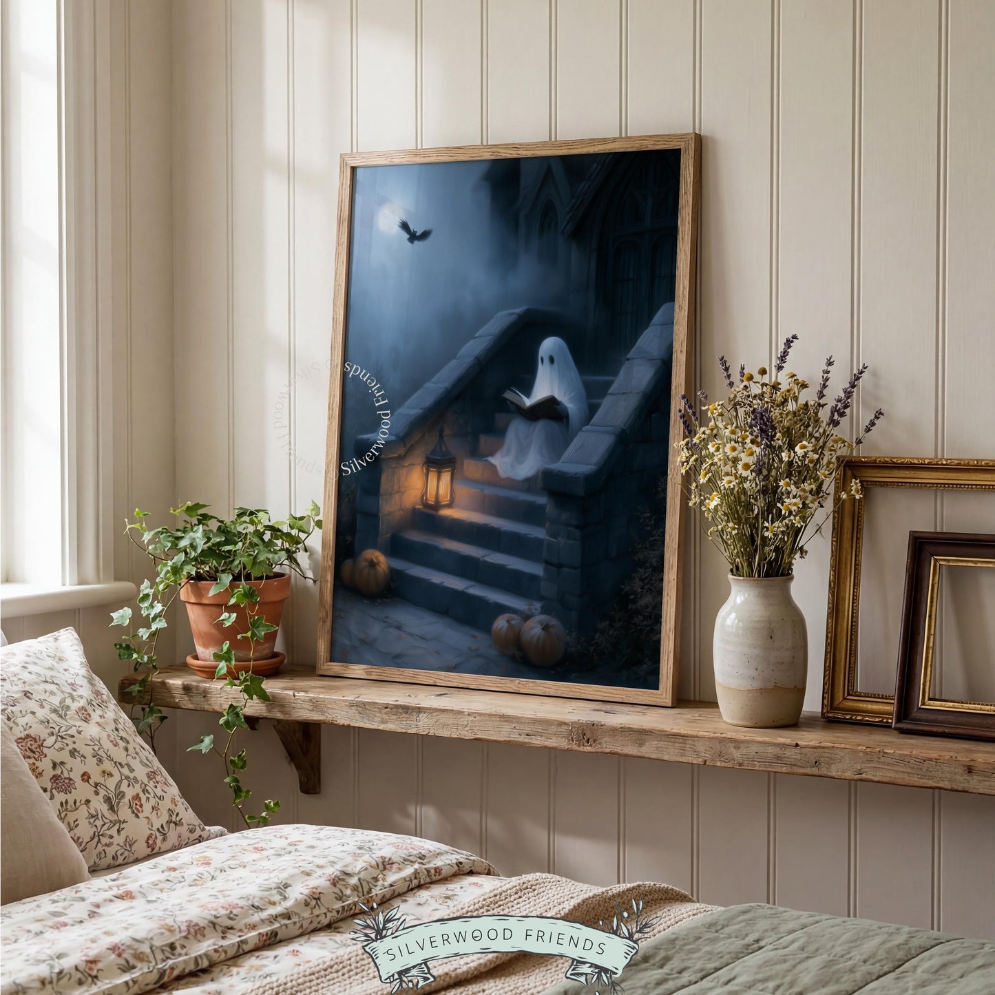 Luminous ghost reader digital artwork for living space — atmospheric Halloween décor with warm lantern glow