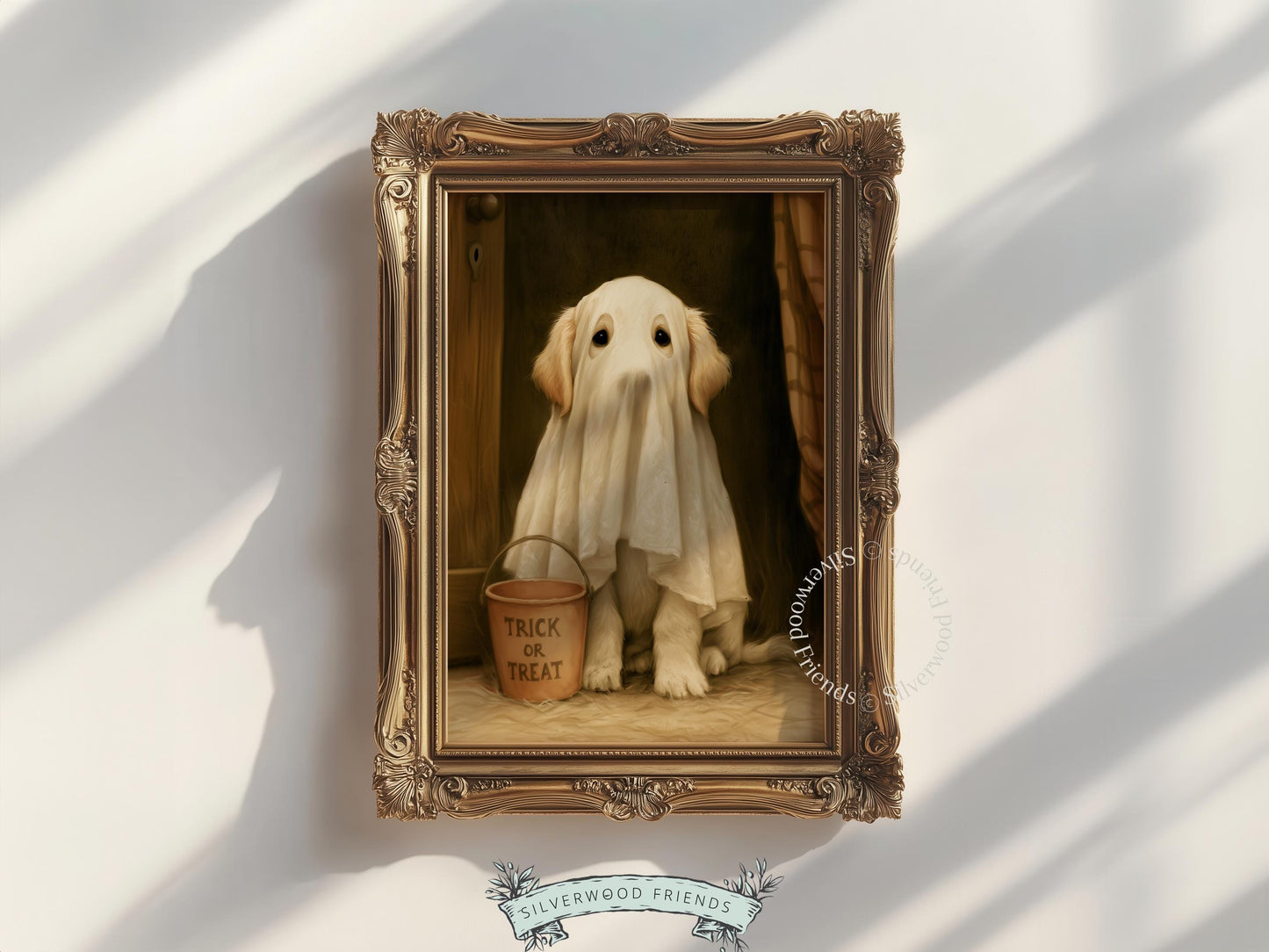 Golden pup trick-or-treat picture wall art — warm vintage portrait featuring sheet costume and rustic Halloween atmosphere