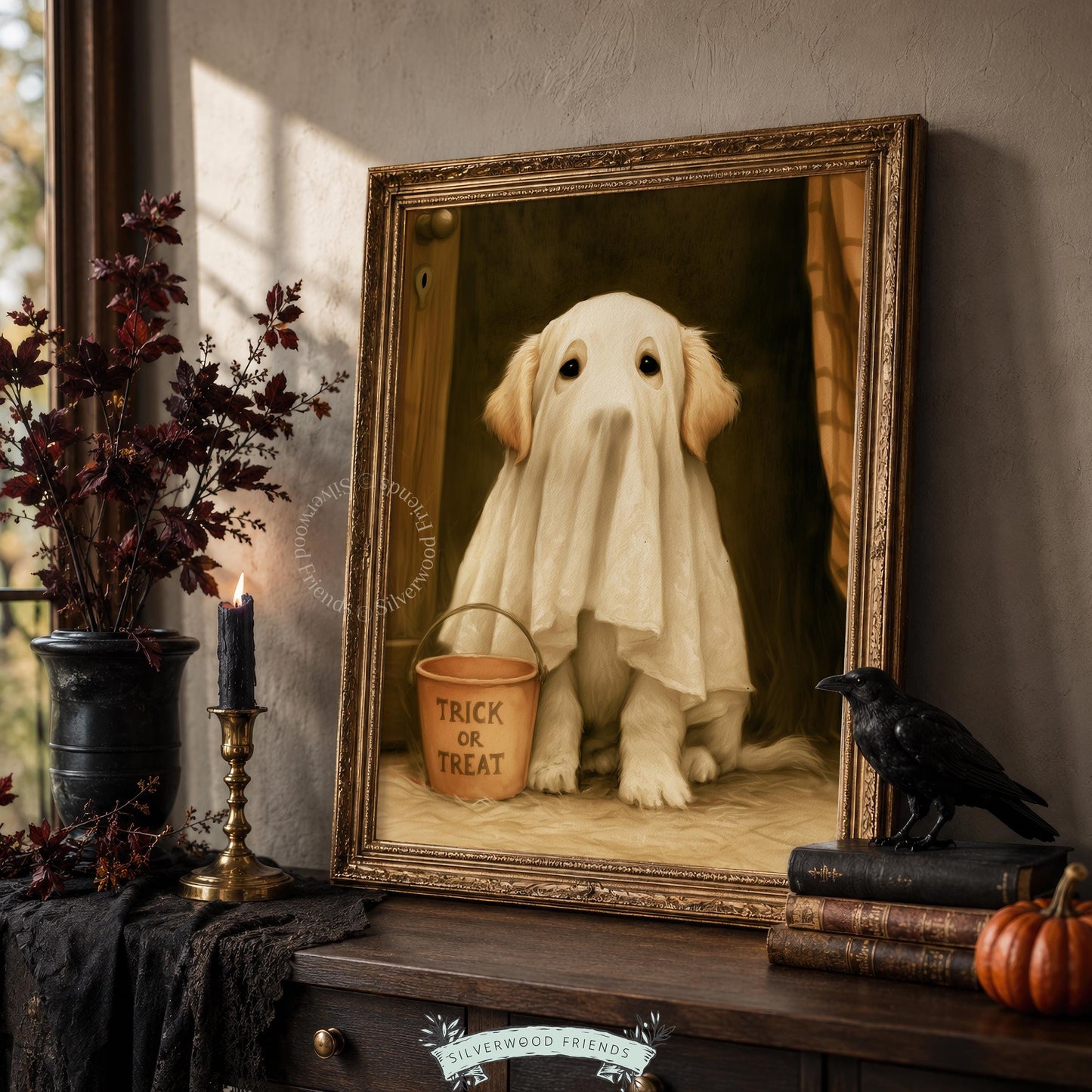 Retriever ghost costume painting wall art — spooky season portrait printable with terracotta bucket and dark academia feeling