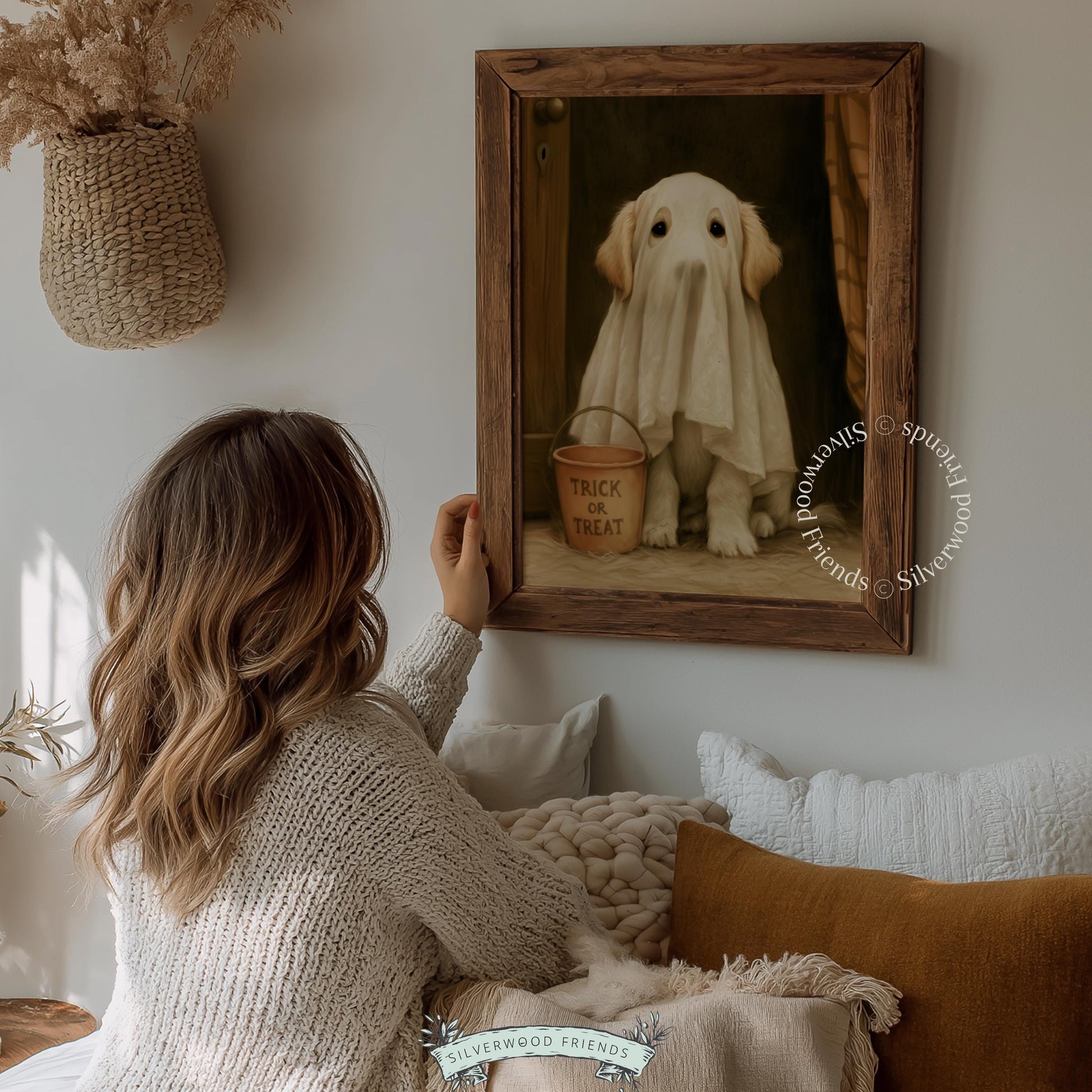 Puppy trick-or-treat bucket painting wall art — classic portrait style with gothic autumn mood and shadowy background