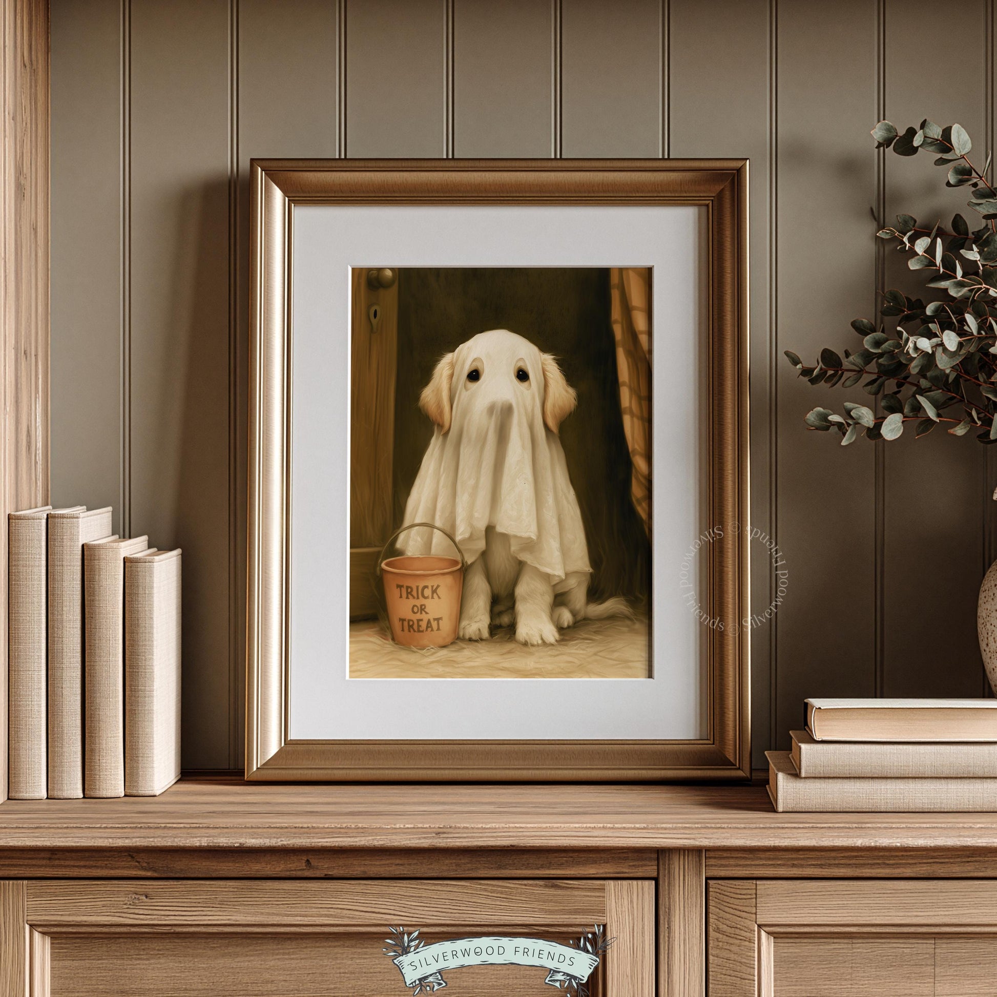 Puppy in sheet costume artwork instant download — classic portrait style print featuring trick-or-treat bucket and vintage mood