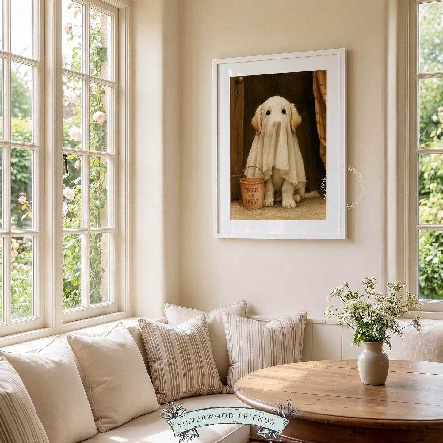 Dog Halloween portrait printable for fall decor — vintage-style artwork with cozy shadowy background and classic painted charm