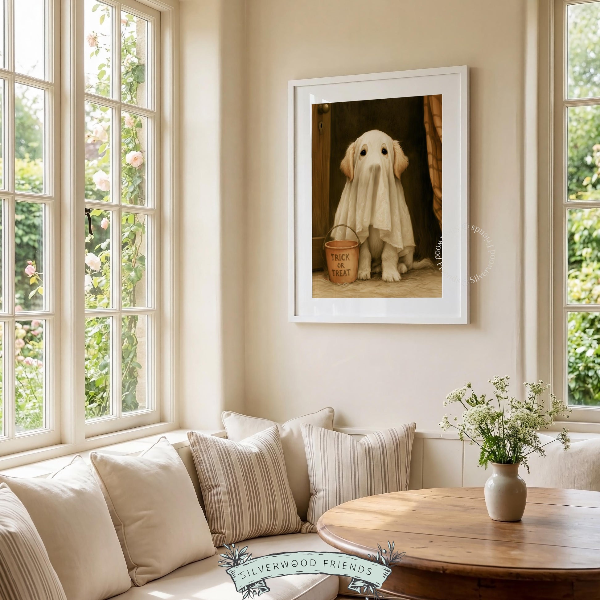 Dog Halloween portrait printable for fall decor — vintage-style artwork with cozy shadowy background and classic painted charm