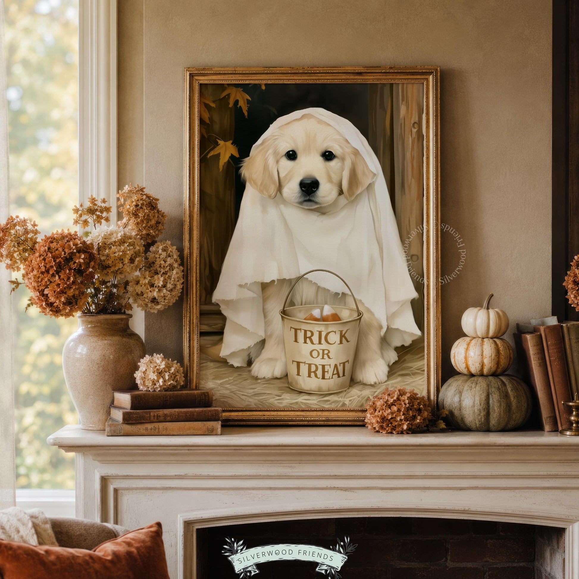 Friendly ghost retriever artwork poster for seasonal display — dark moody Halloween illustration with painterly detail